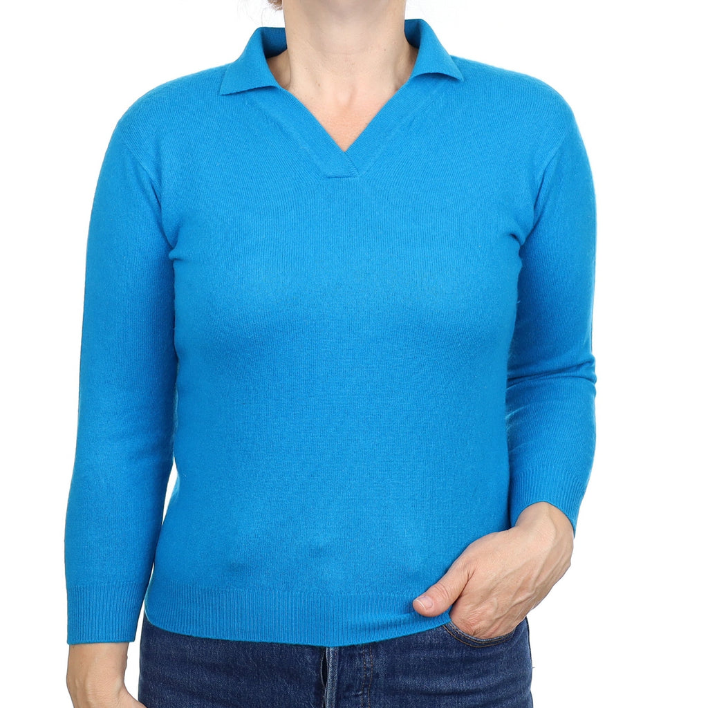 Mallard Blue Cashmere Collared V Neck Jumper Medium