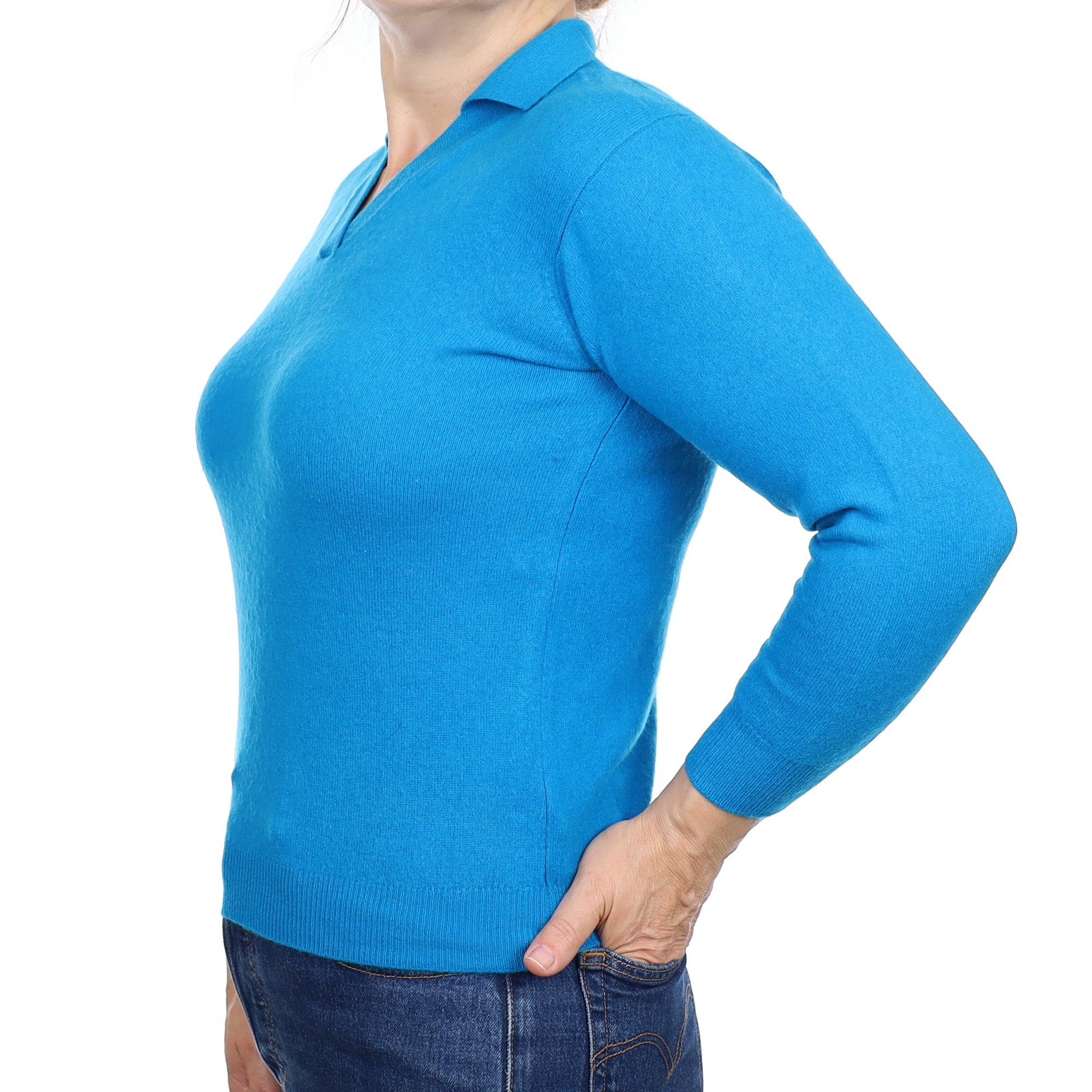 Mallard Blue Cashmere Collared V Neck Jumper Medium