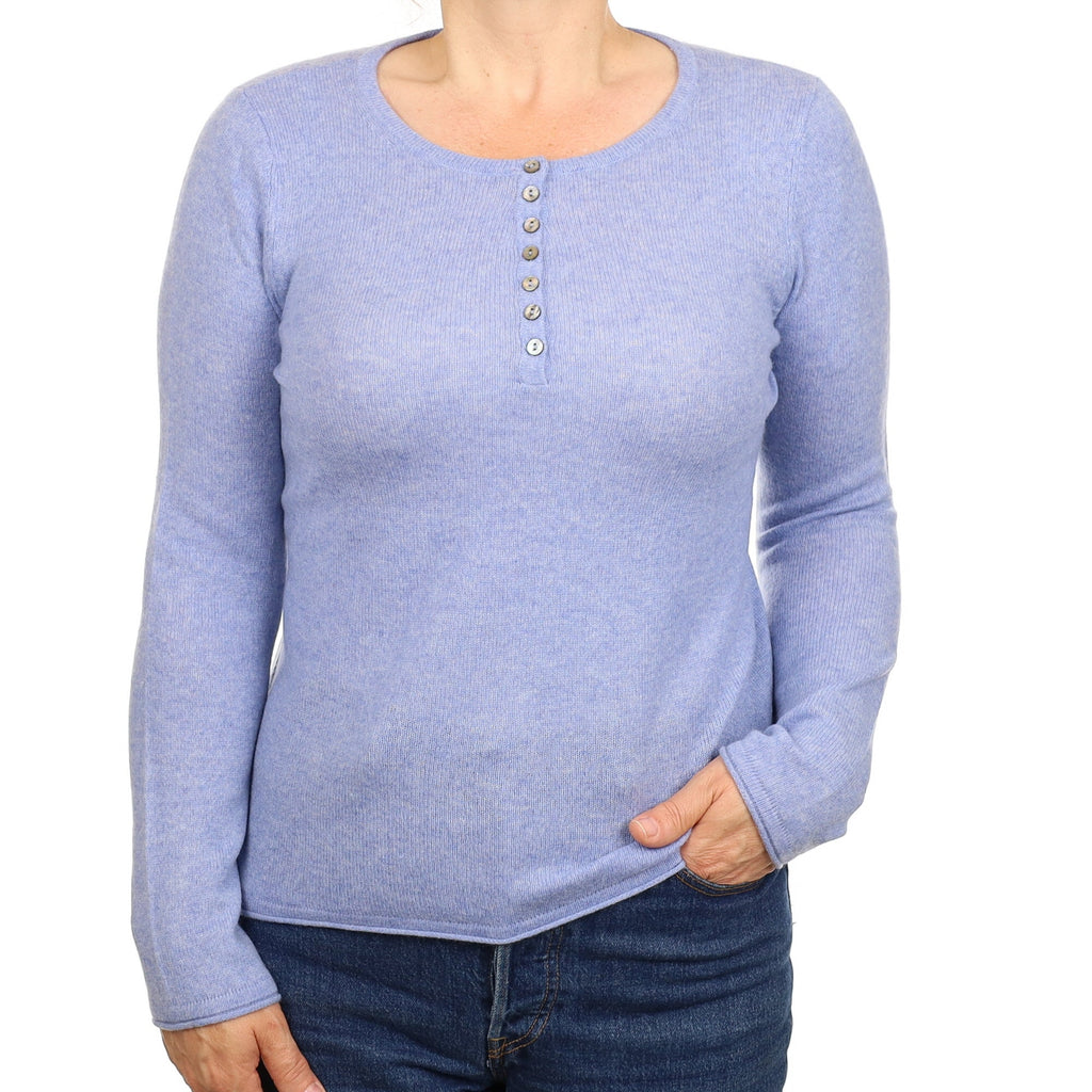 Sky Blue Cashmere Buttoned Crew Neck Jumper Medium