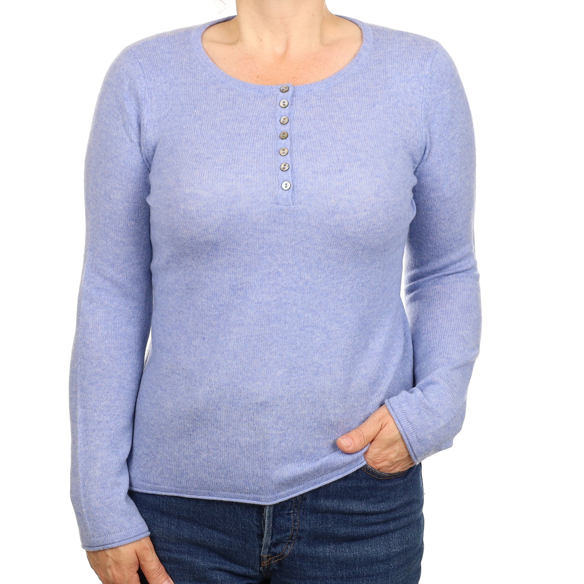 Sky Blue Cashmere Buttoned Crew Neck Jumper Medium