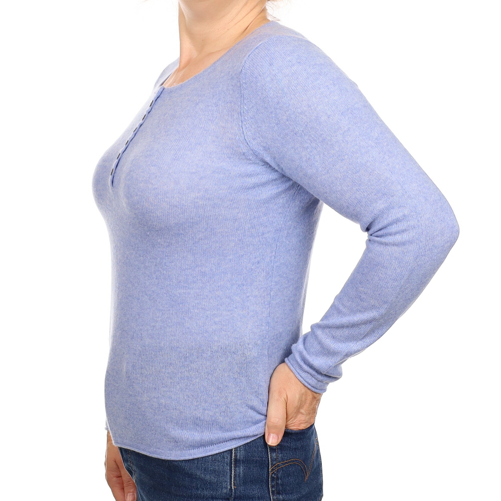Sky Blue Cashmere Buttoned Crew Neck Jumper Medium