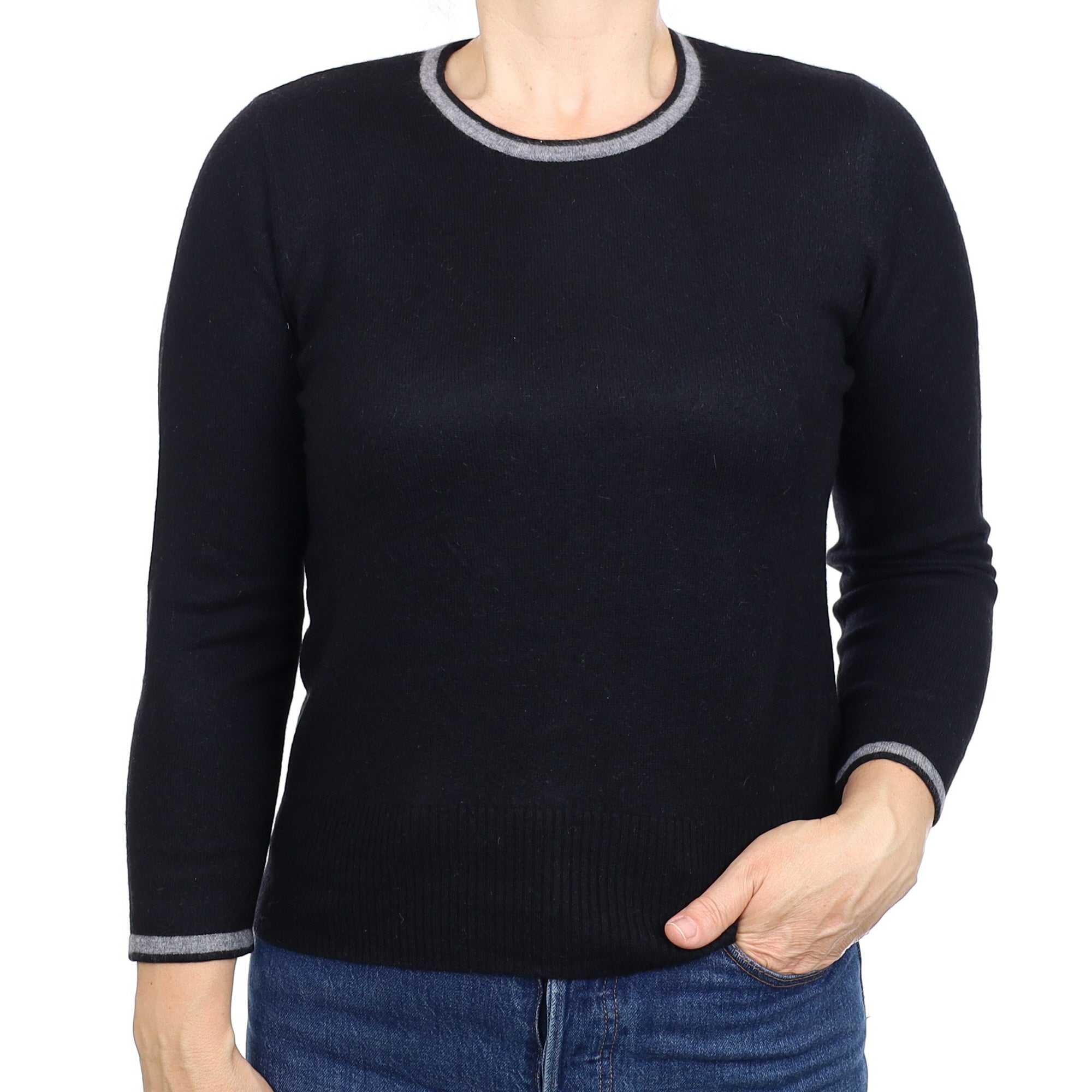 Black Grey Trimmed Cashmere Crew Neck Jumper Medium
