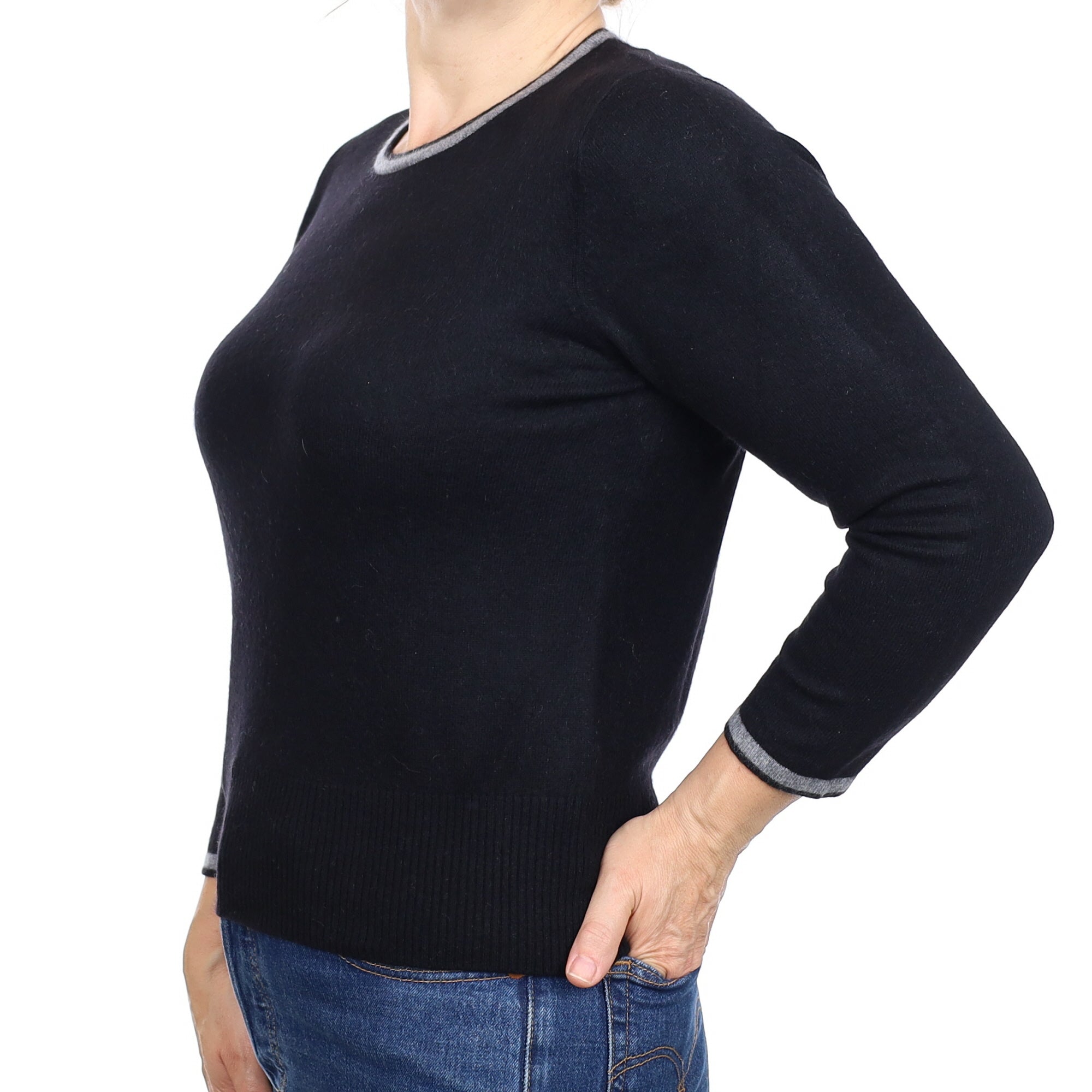 Black Grey Trimmed Cashmere Crew Neck Jumper Medium