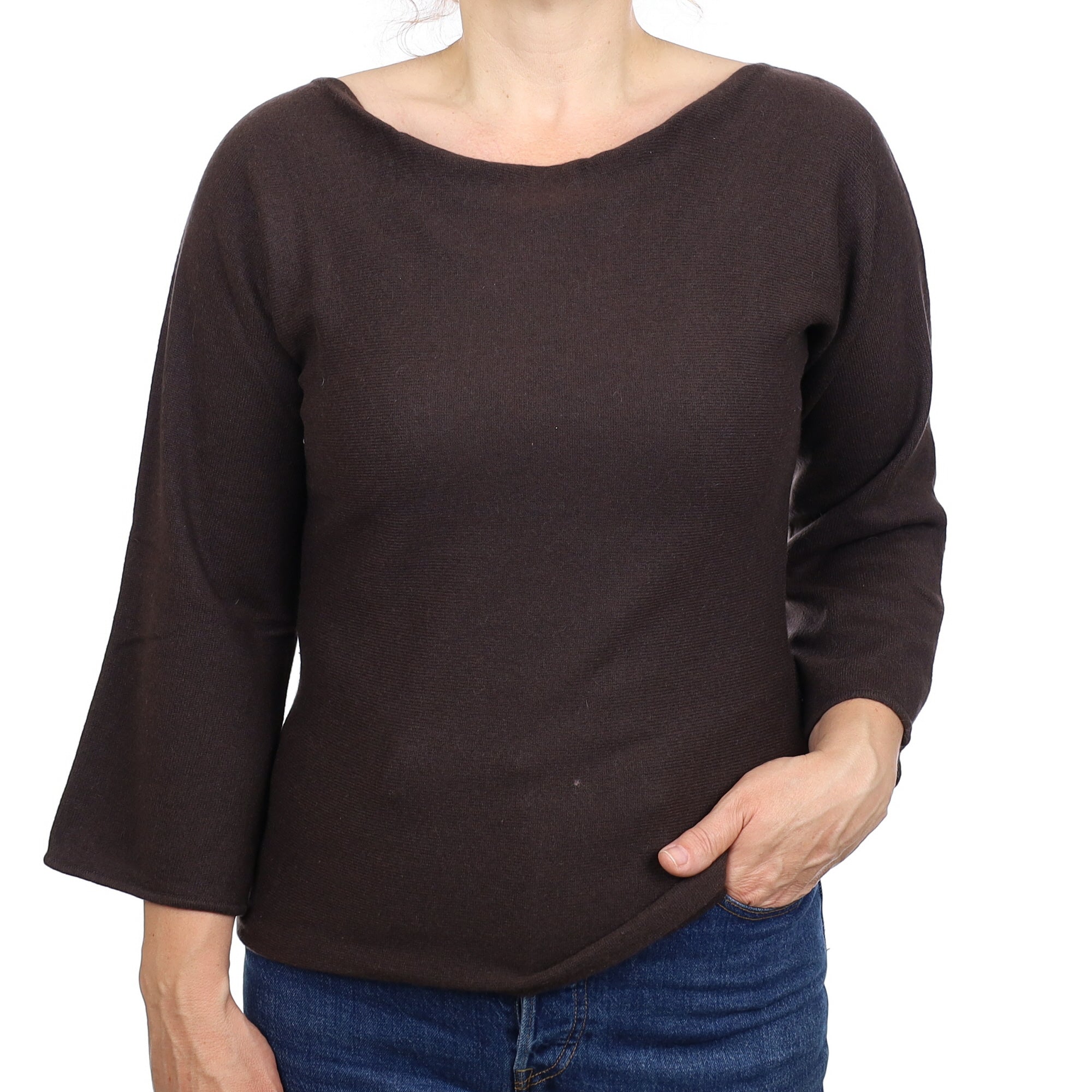Chocolate Brown Cashmere Batwing Drape Neck Jumper Medium