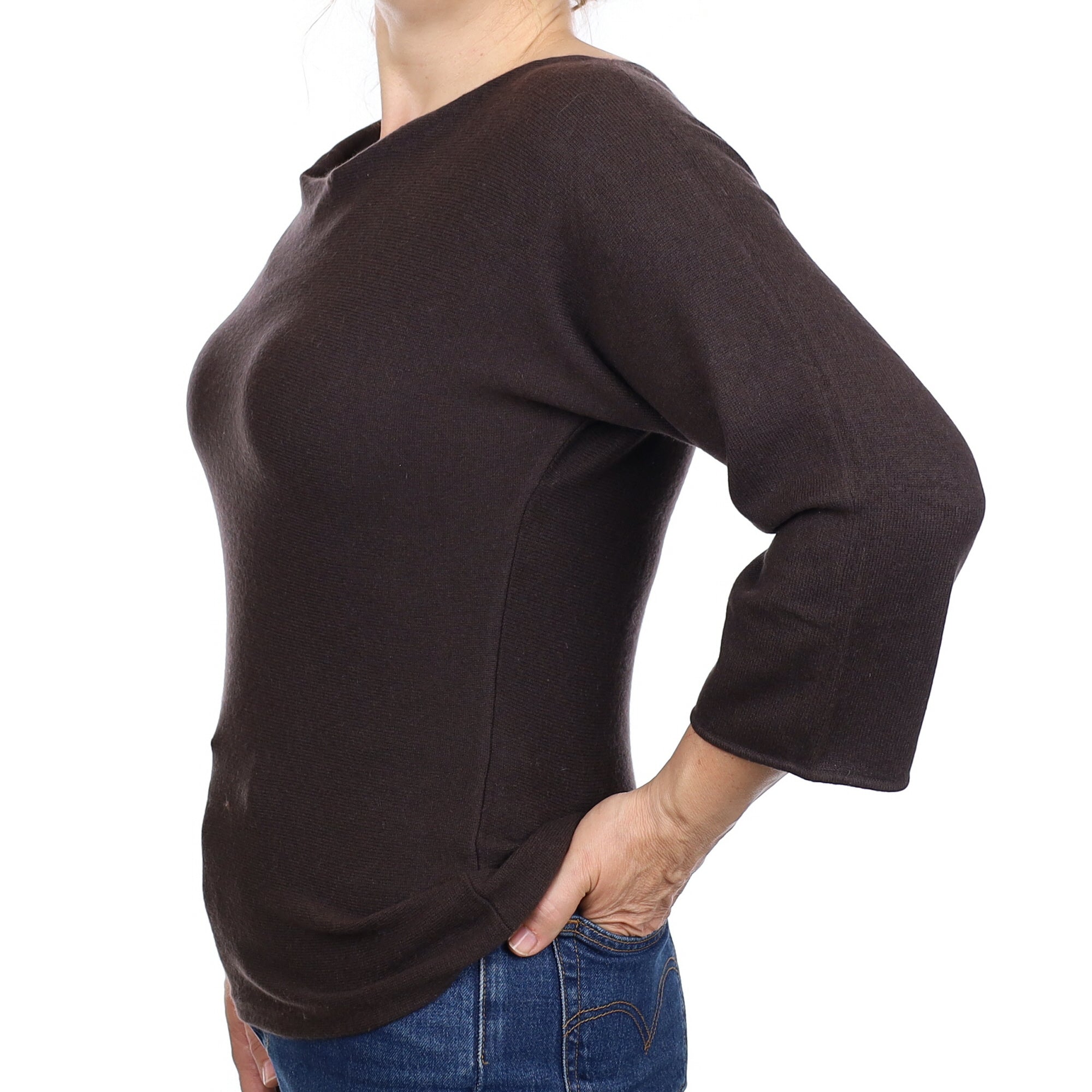 Chocolate Brown Cashmere Batwing Drape Neck Jumper Medium