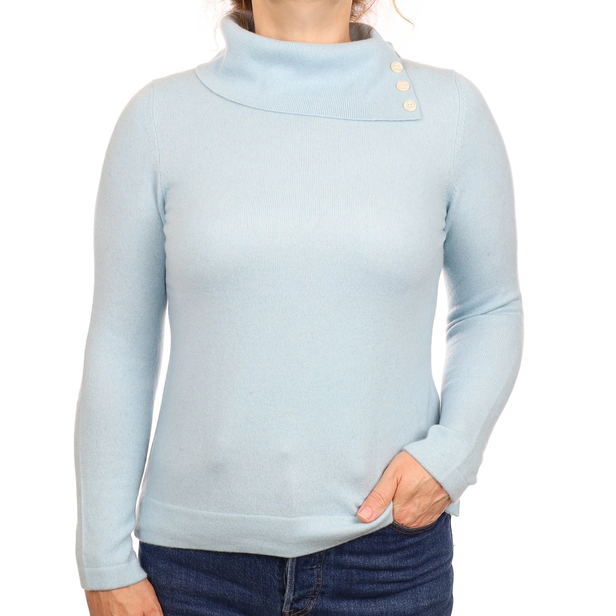 Opal Blue Cashmere Split Polo Neck Jumper Medium