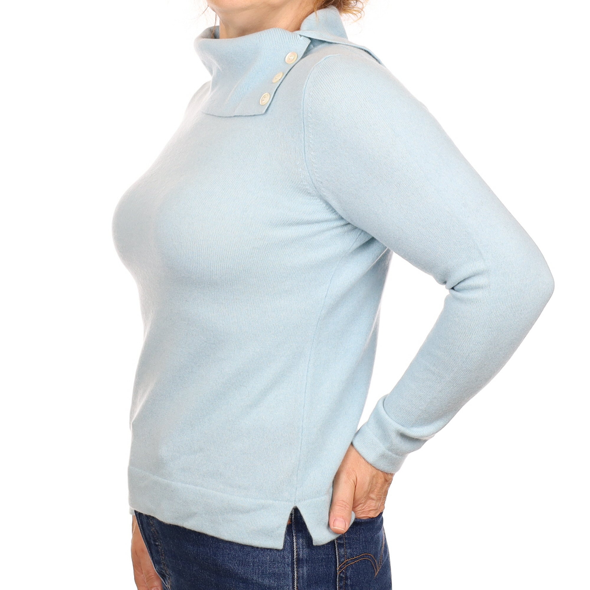 Opal Blue Cashmere Split Polo Neck Jumper Medium