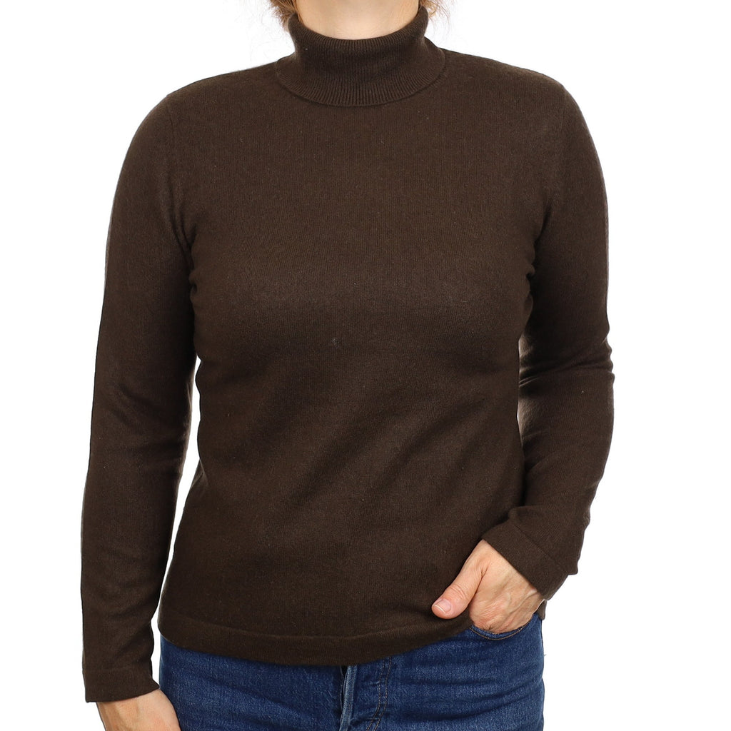 Chocolate Brown Cashmere Polo Neck Jumper Medium