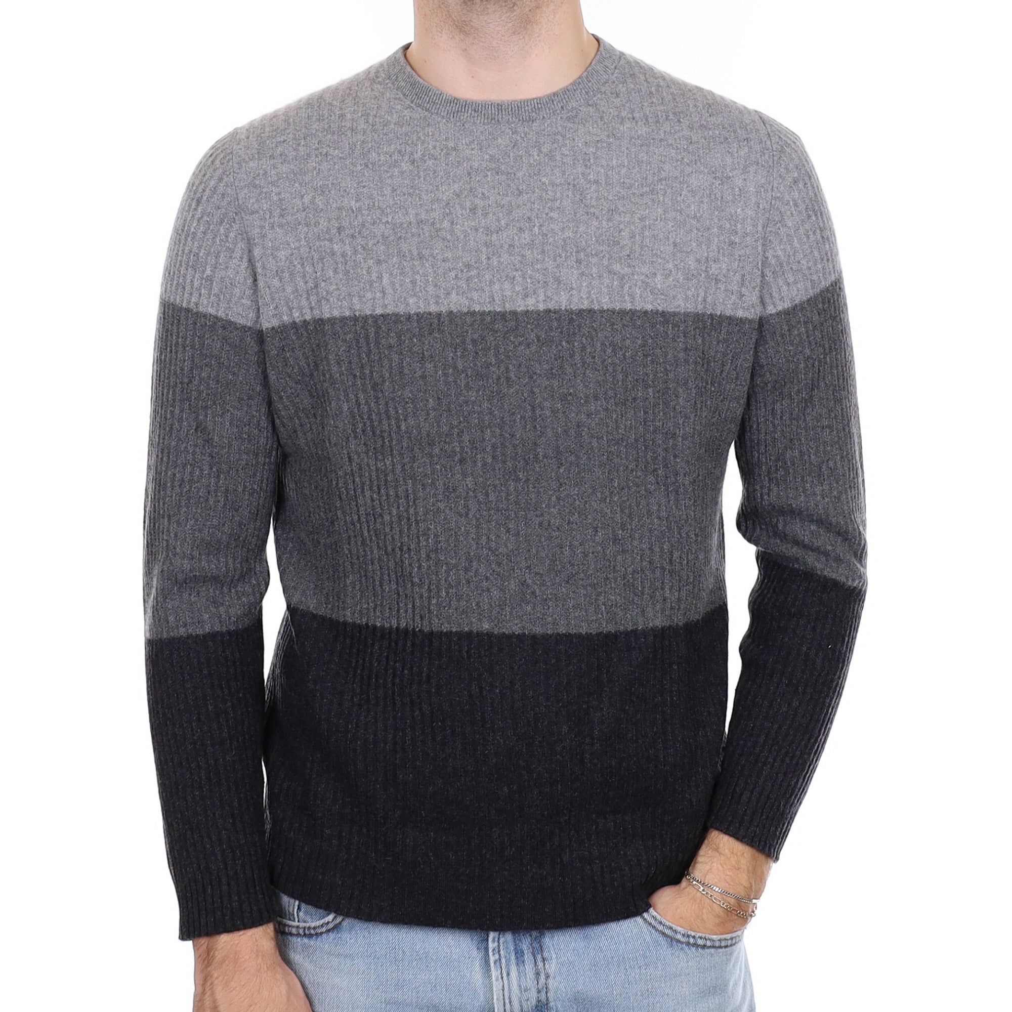 Men's Salvatore Ferragamo Italian Grey Stripe  Cashmere Crew Neck Jumper Large