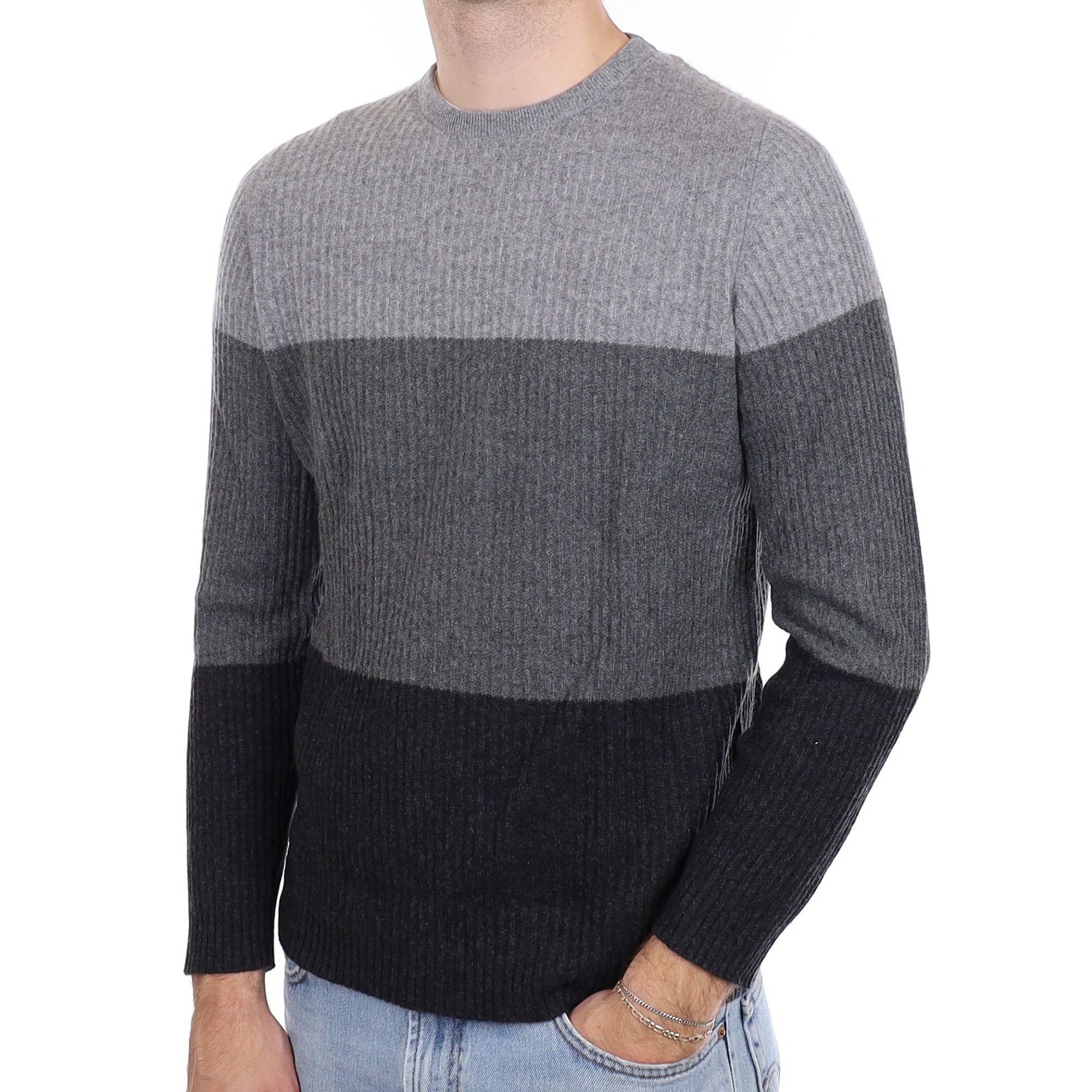 Men's Salvatore Ferragamo Italian Grey Stripe  Cashmere Crew Neck Jumper Large
