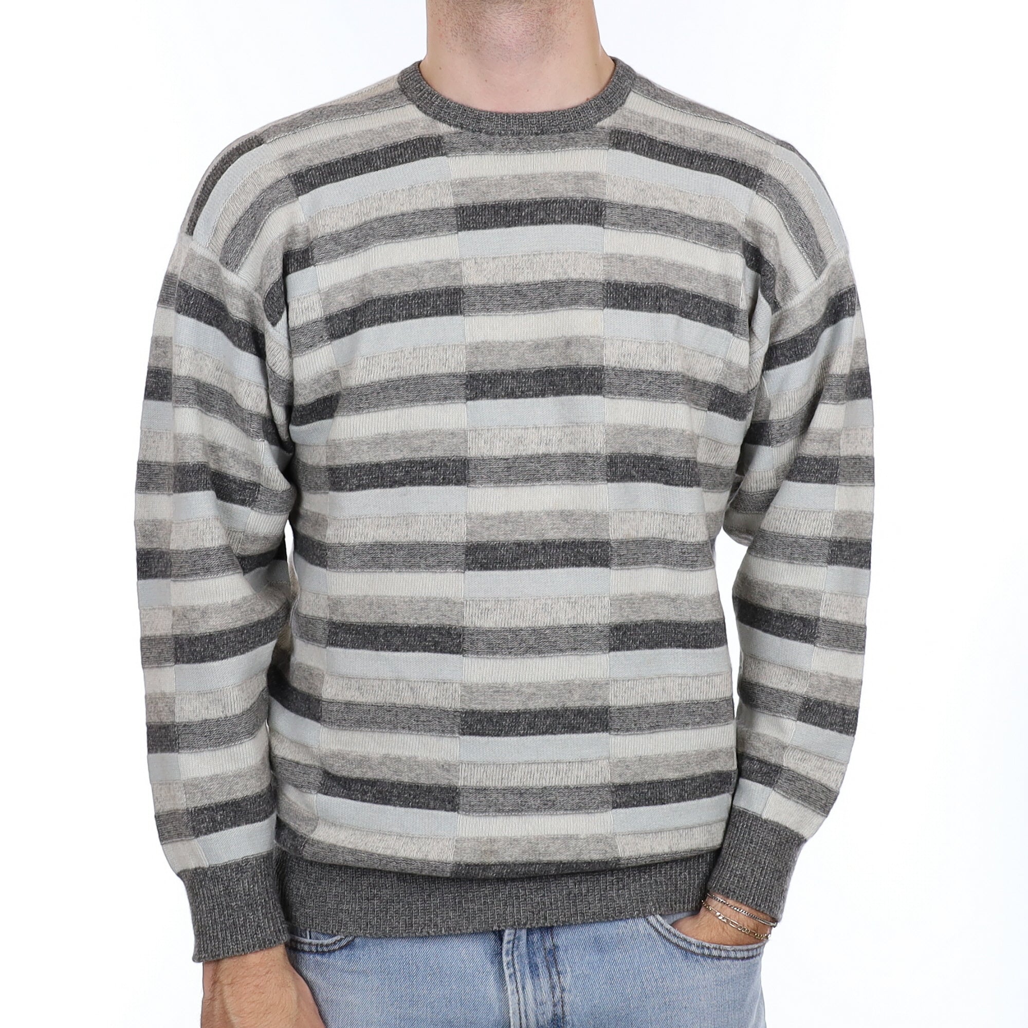 Men's Scottish Grey Stripe Cashmere Crew Neck Jumper Medium