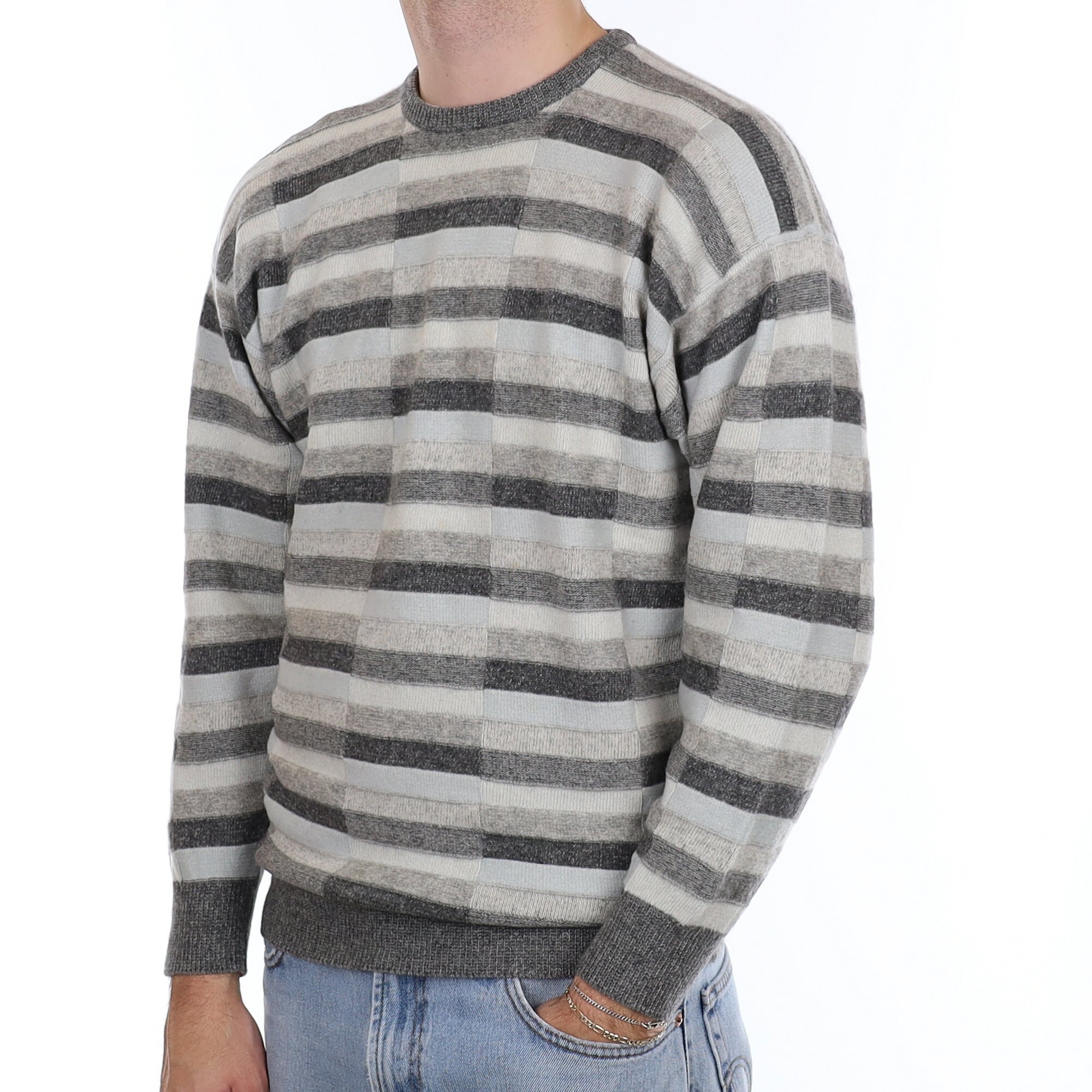 Men's Scottish Grey Stripe Cashmere Crew Neck Jumper Medium