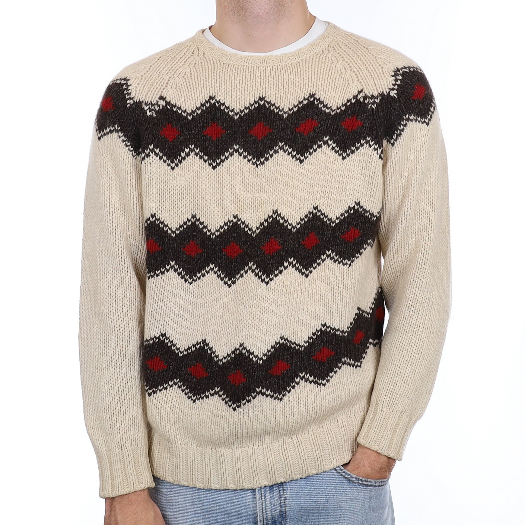 Men's Malo Italian Cream Pattern Cashmere Crew Neck Jumper Large
