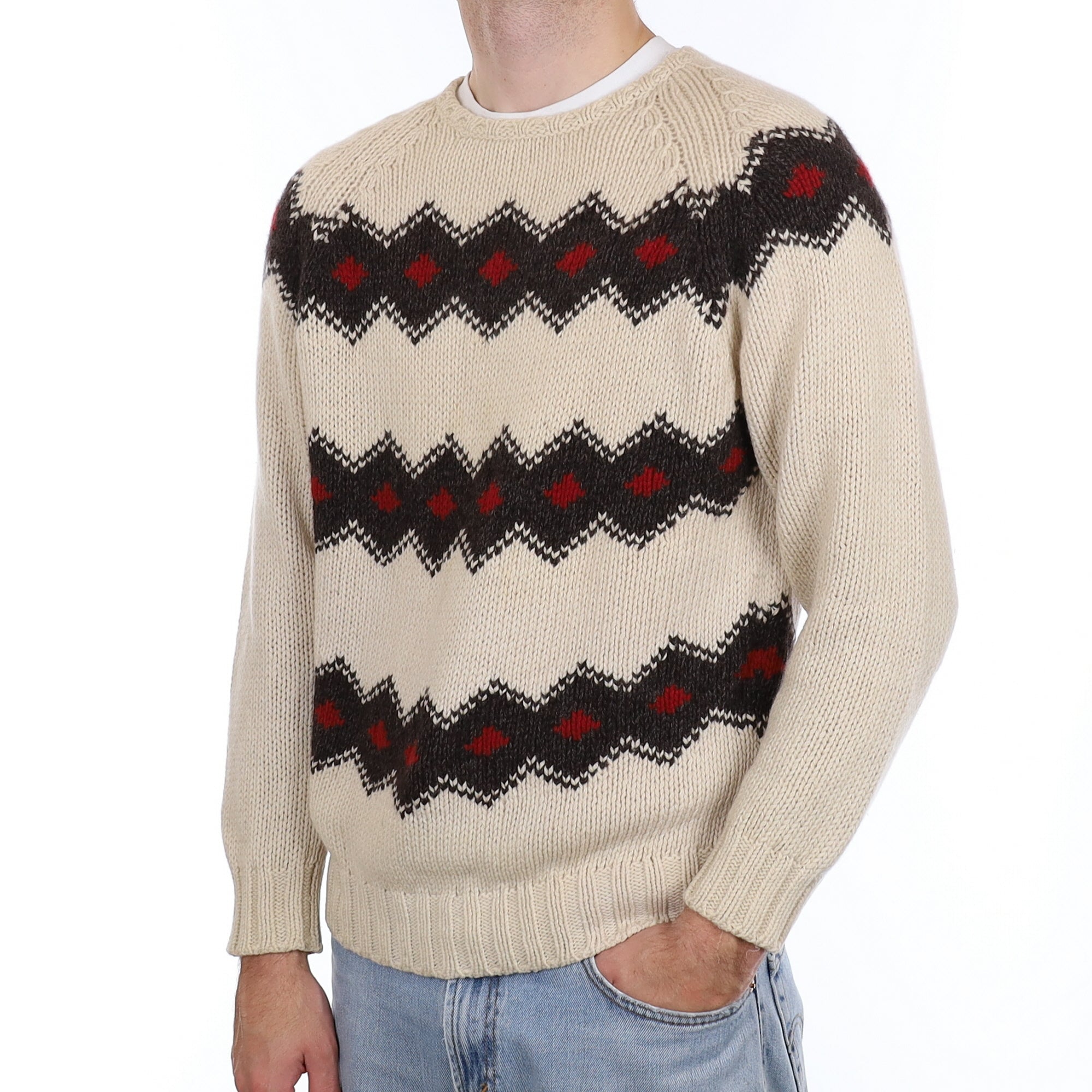 Men's Malo Italian Cream Pattern Cashmere Crew Neck Jumper Large