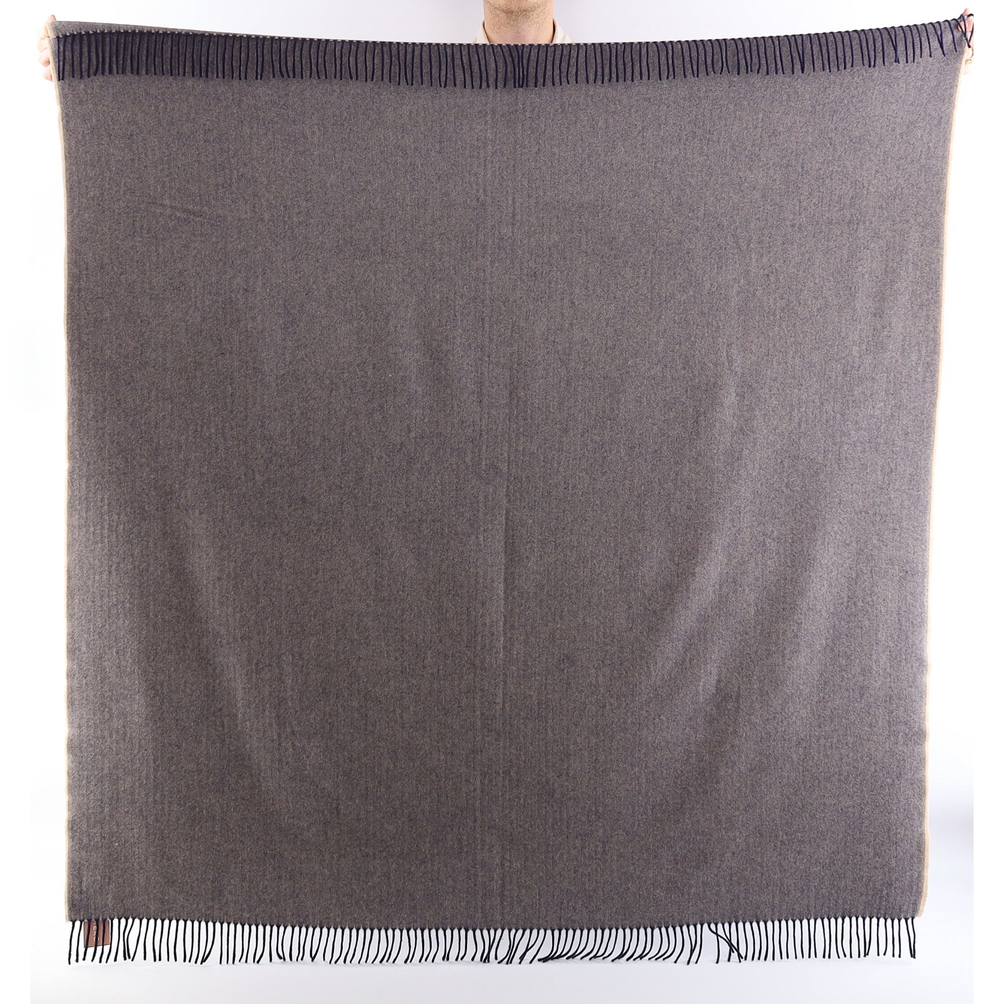 Brand New English Navy and Oatmeal Herringbone Luxury Woven Cashmere Blanket