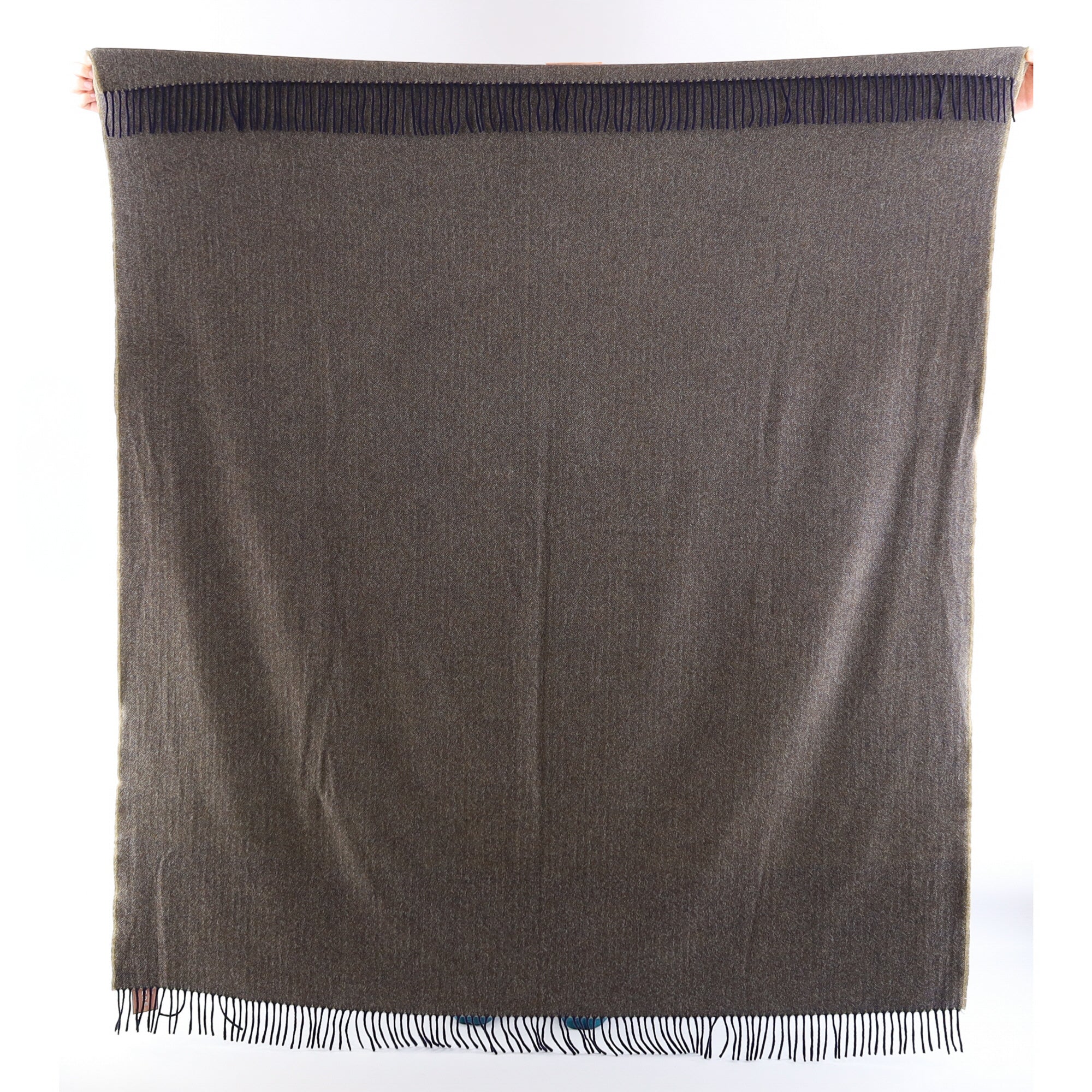 Brand New English Khaki and Navy Herringbone Luxury Woven Cashmere Blanket