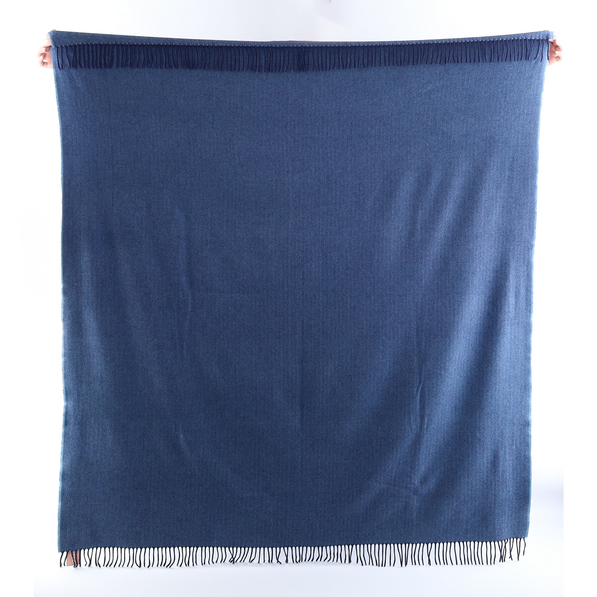 Brand New English Antique Blue and Navy Herringbone Luxury Woven Cashmere Blanket