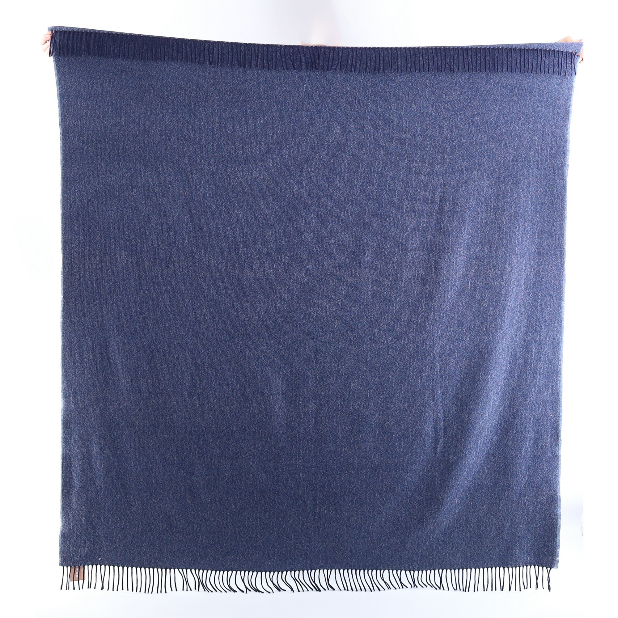 Brand New English Ocean Blue and Fawn Herringbone Luxury Woven Cashmere Blanket