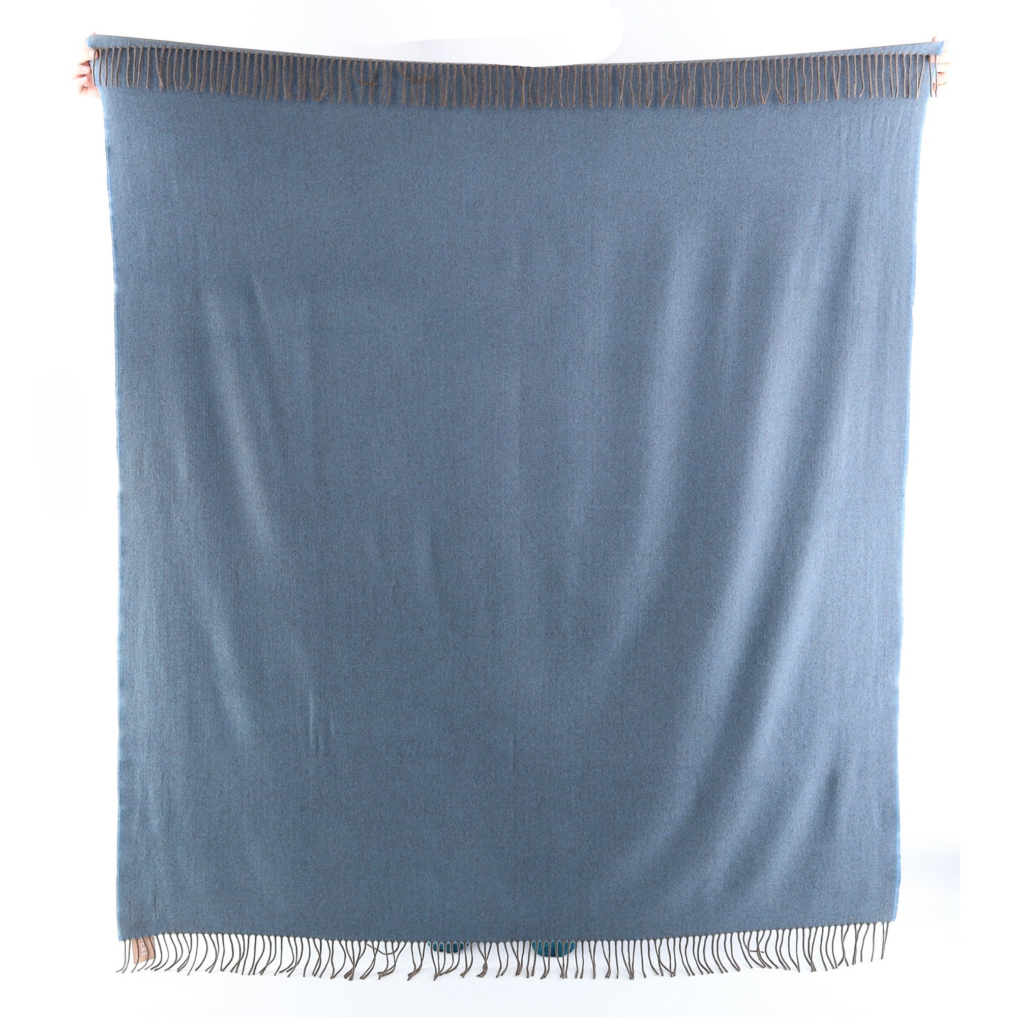 Brand New English Mediterranean Blue and Mocha Herringbone Luxury Woven Cashmere Blanket