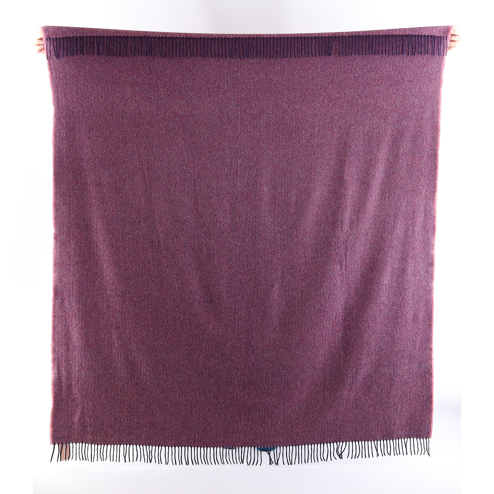 Brand New English Raspberry and Navy Herringbone Luxury Woven Cashmere Blanket