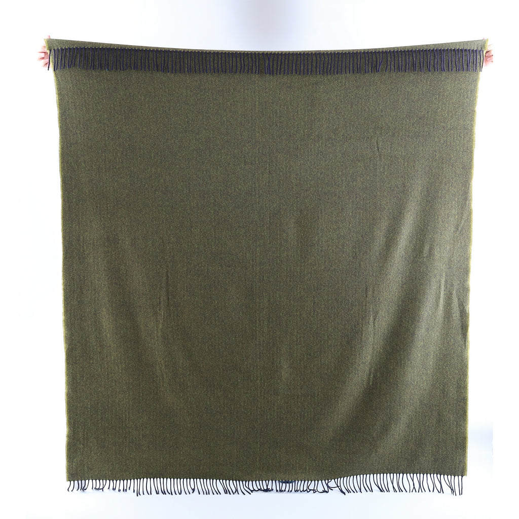 Brand New English Key Lime and Navy Herringbone Luxury Woven Cashmere Blanket