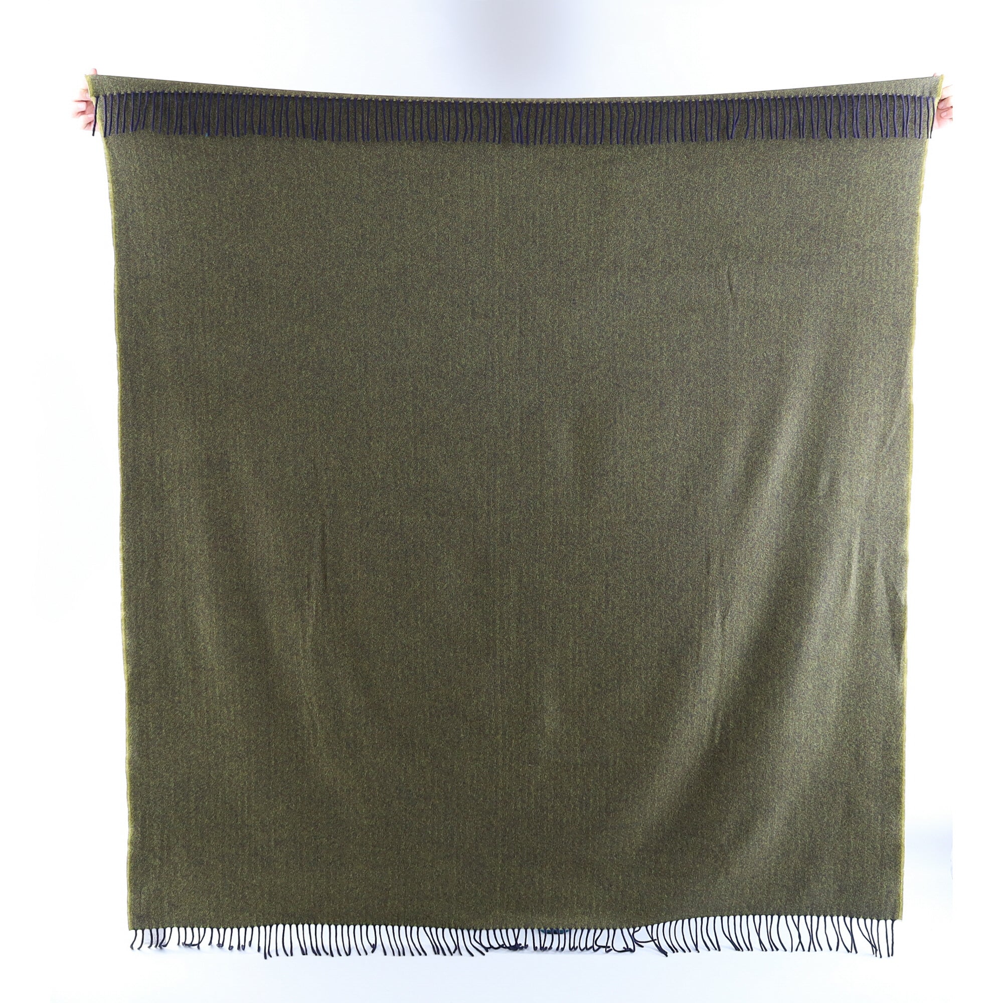 Brand New English Key Lime and Navy Herringbone Luxury Woven Cashmere Blanket