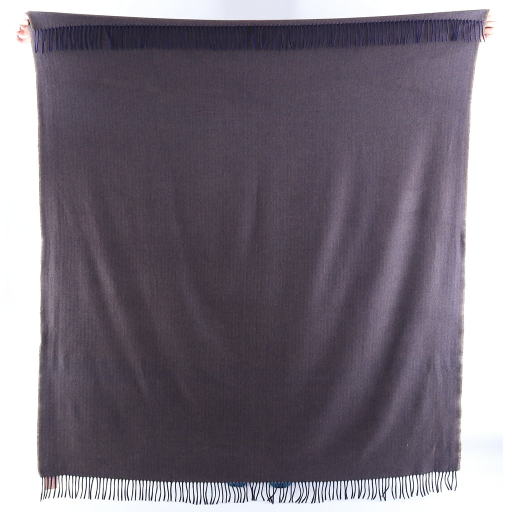 Brand New English Navy and Mushroom Herringbone Luxury Woven Cashmere Blanket