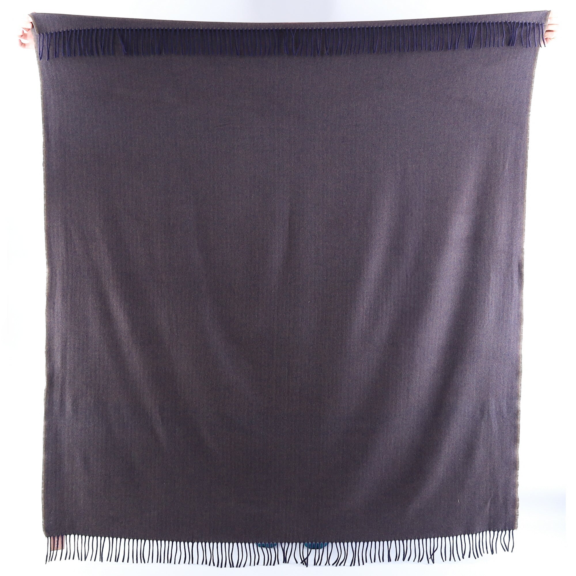 Brand New English Navy and Mushroom Herringbone Luxury Woven Cashmere Blanket