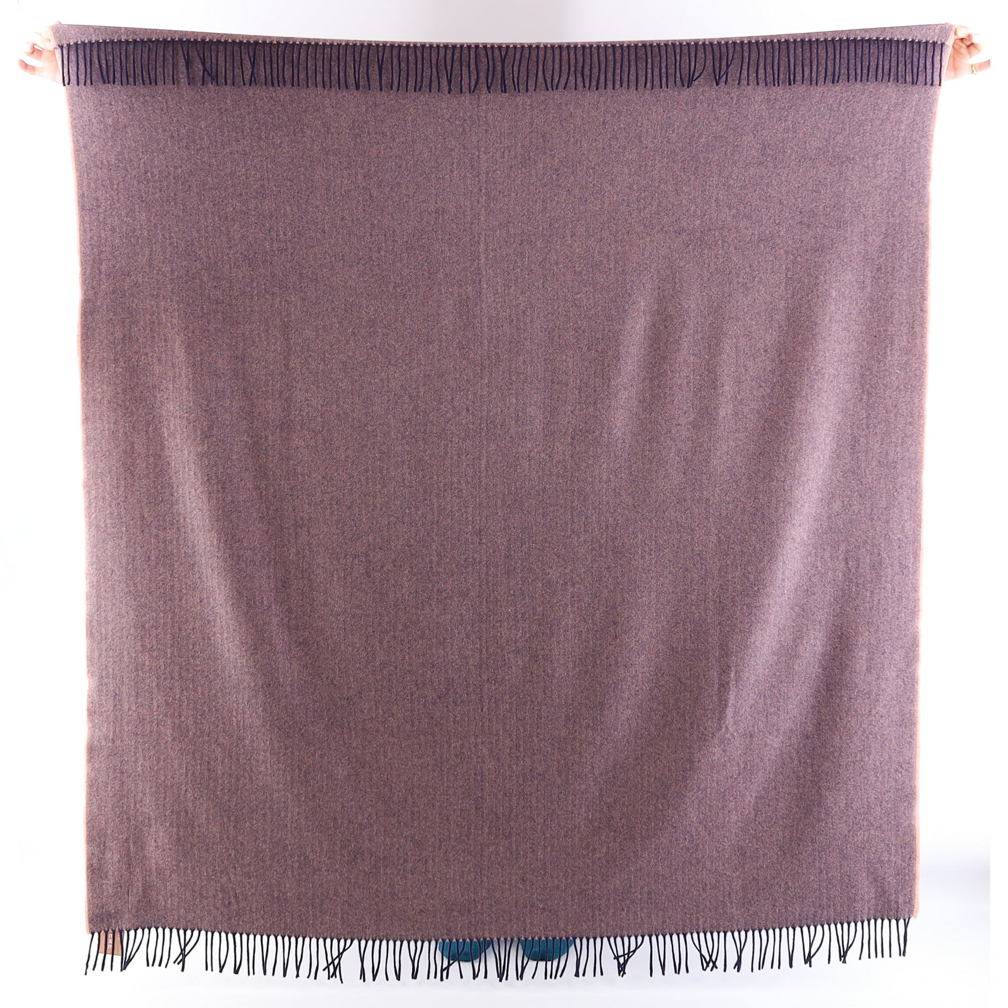Brand New English Blush Pink and Navy Herringbone Luxury Woven Cashmere Blanket