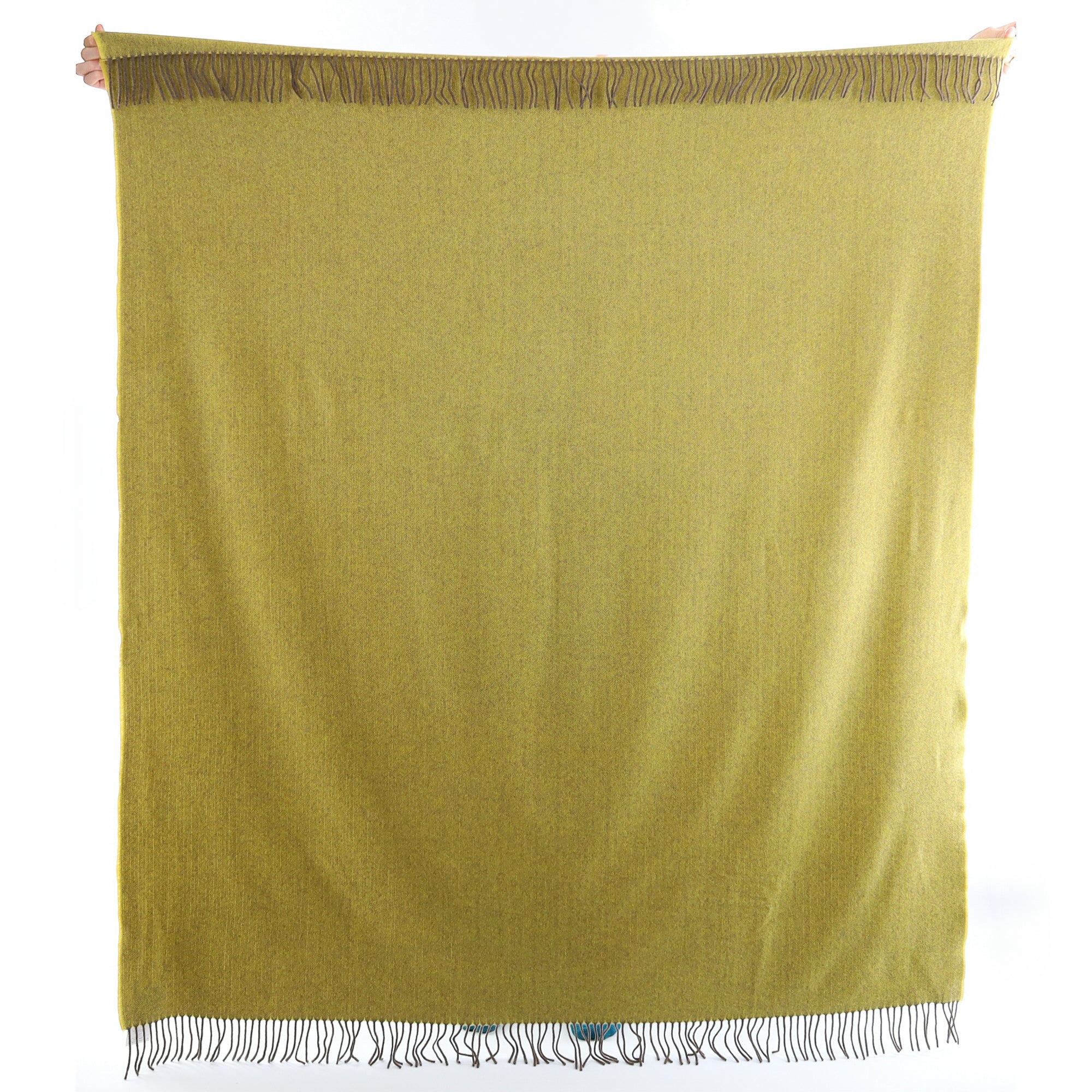 Brand New English Chartreuse and Mocha Herringbone Luxury Woven Cashmere Blanket