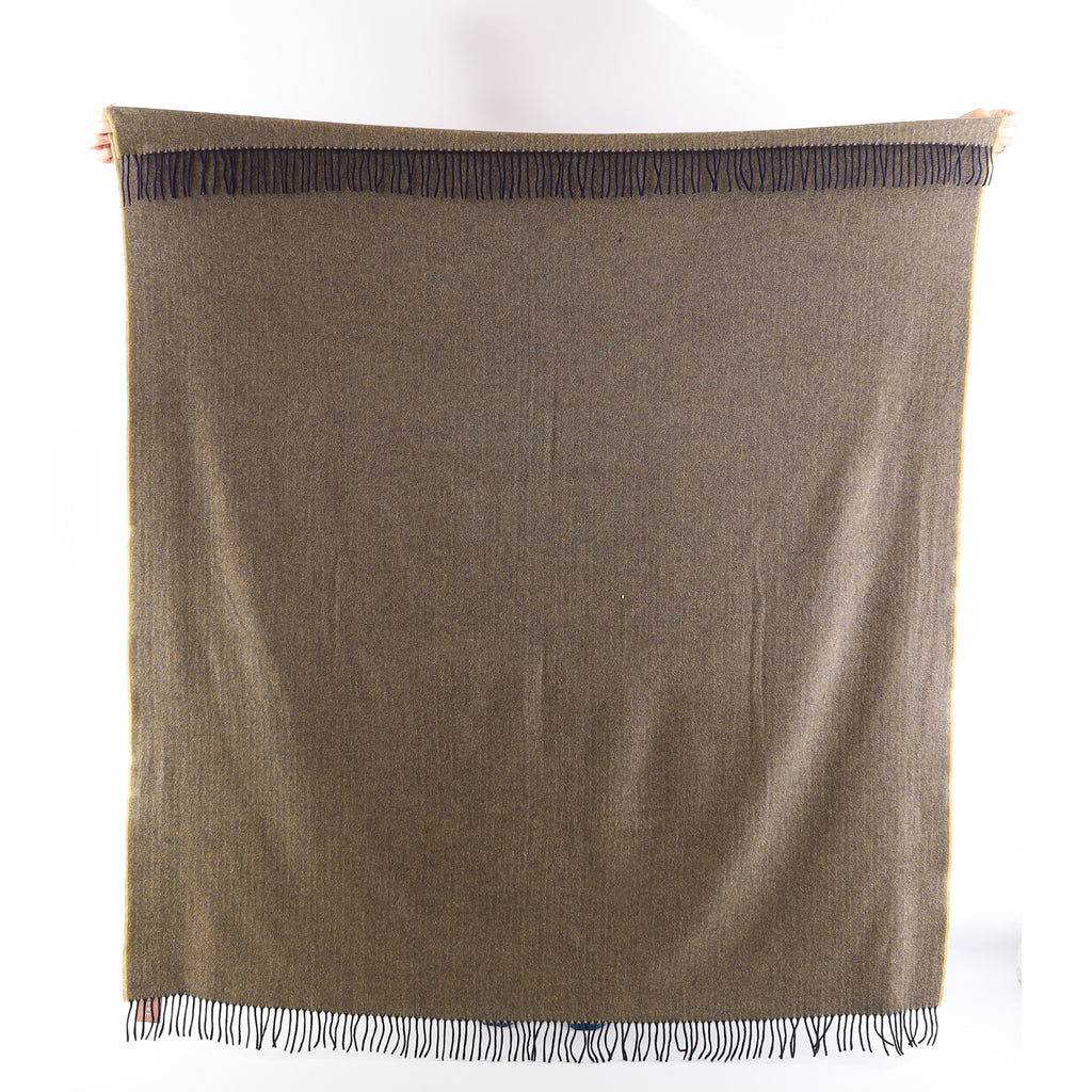 Brand New English Golden Olive and Navy Herringbone Luxury Woven Cashmere Blanket