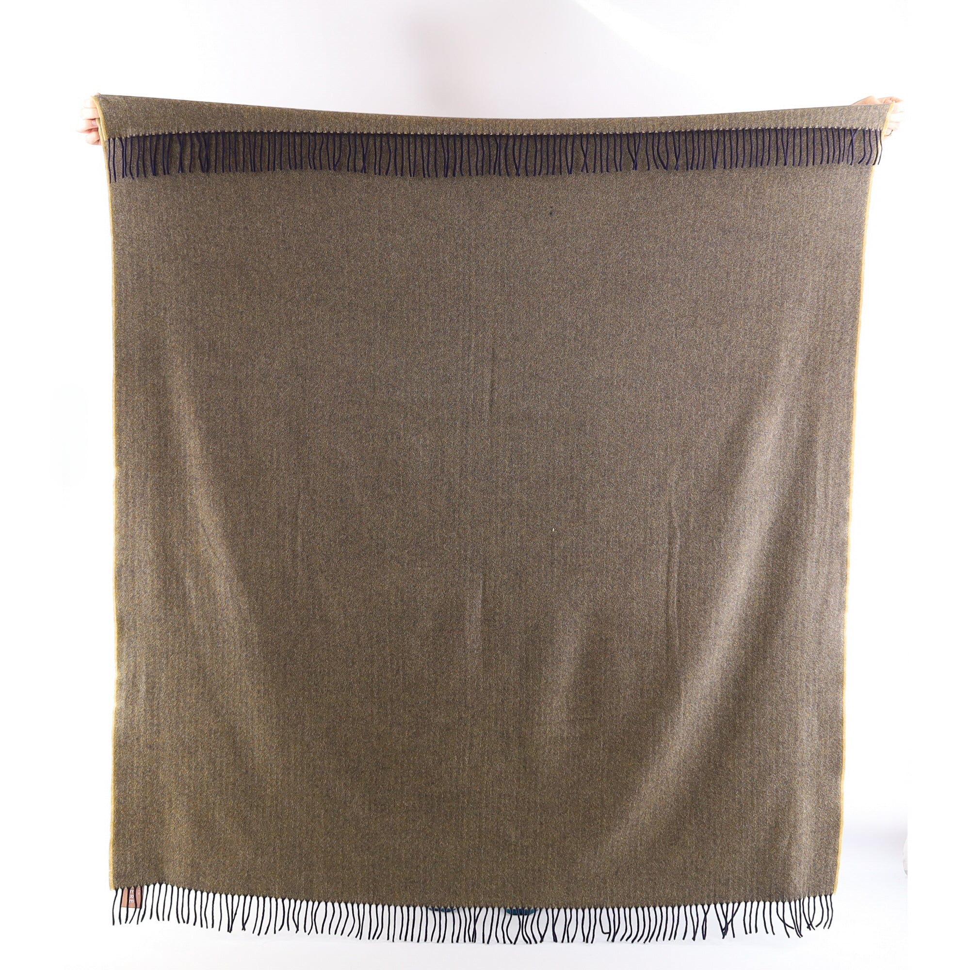 Brand New English Golden Olive and Navy Herringbone Luxury Woven Cashmere Blanket