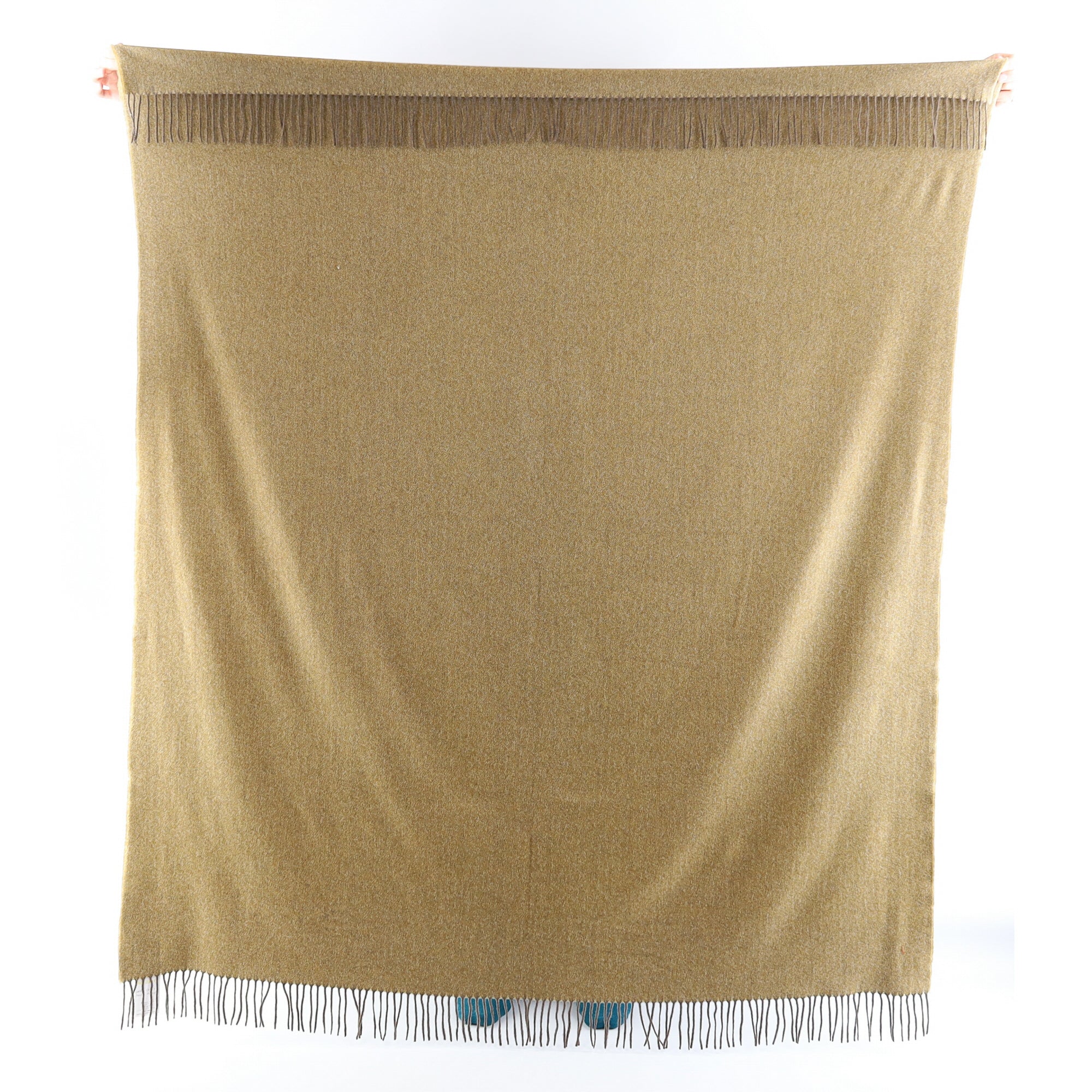 Brand New English Golden Olive and Mocha Herringbone Luxury Woven Cashmere Blanket