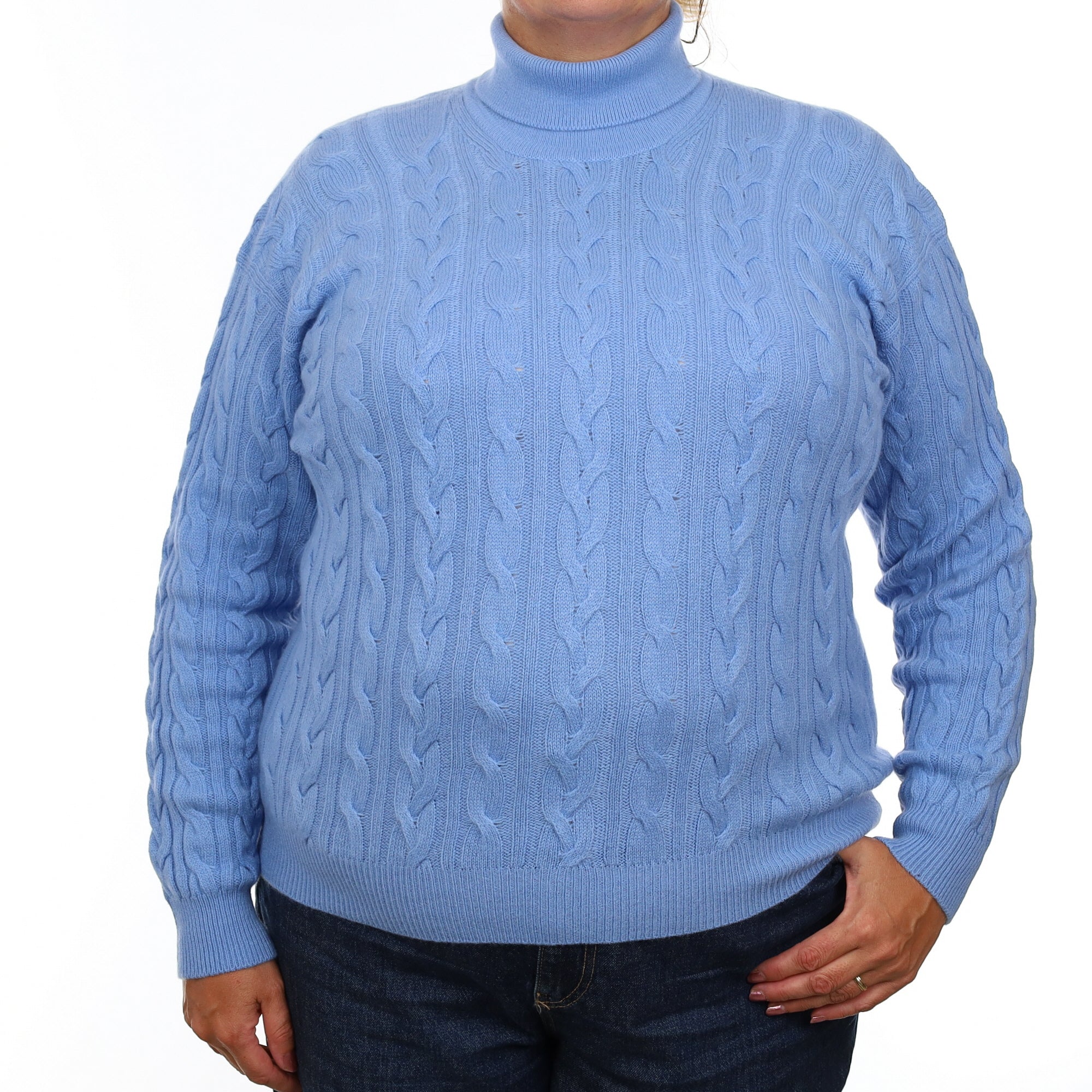 Brand New Scottish Cornflower Blue Cable Cashmere Polo Neck Jumper Extra Large