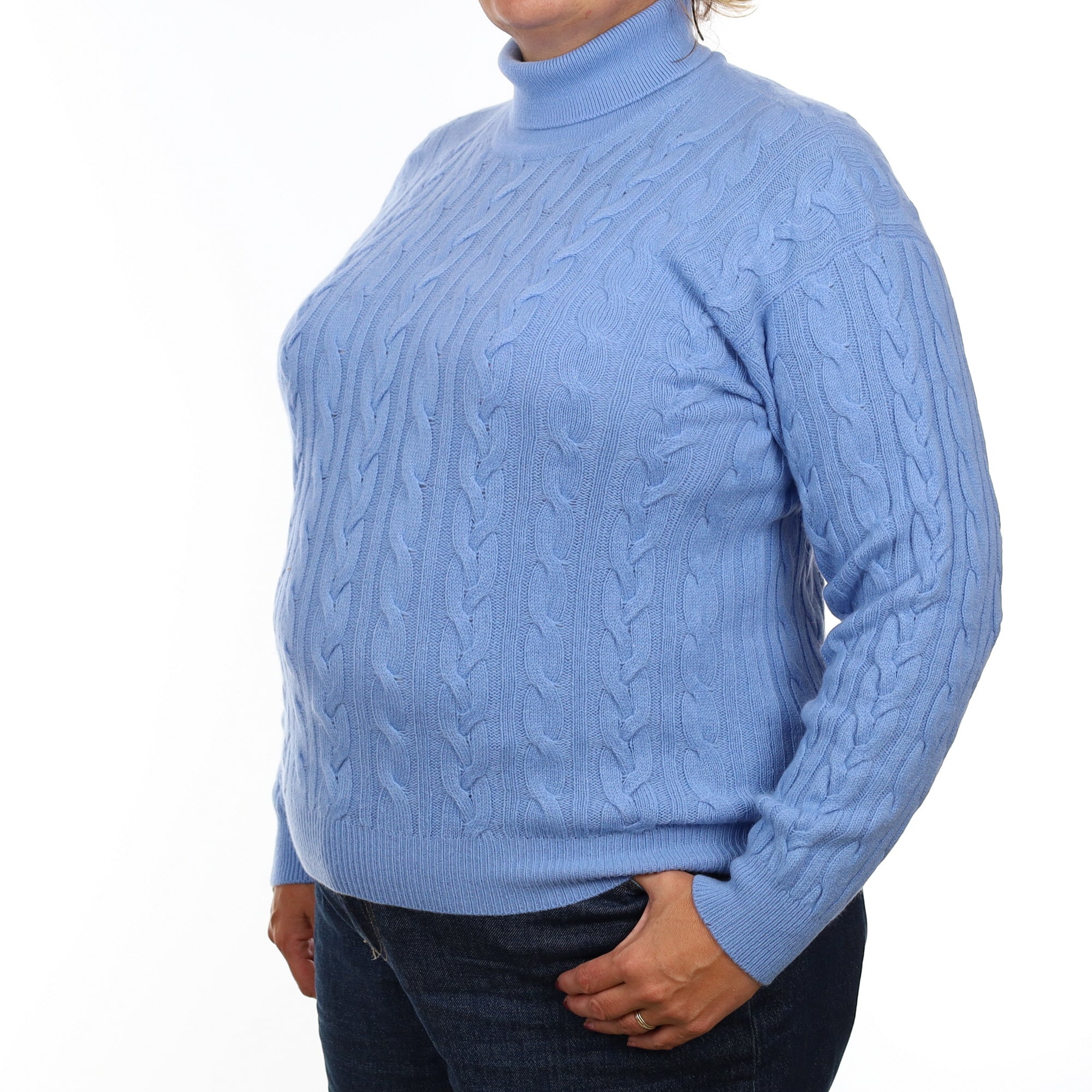 Brand New Scottish Cornflower Blue Cable Cashmere Polo Neck Jumper Extra Large