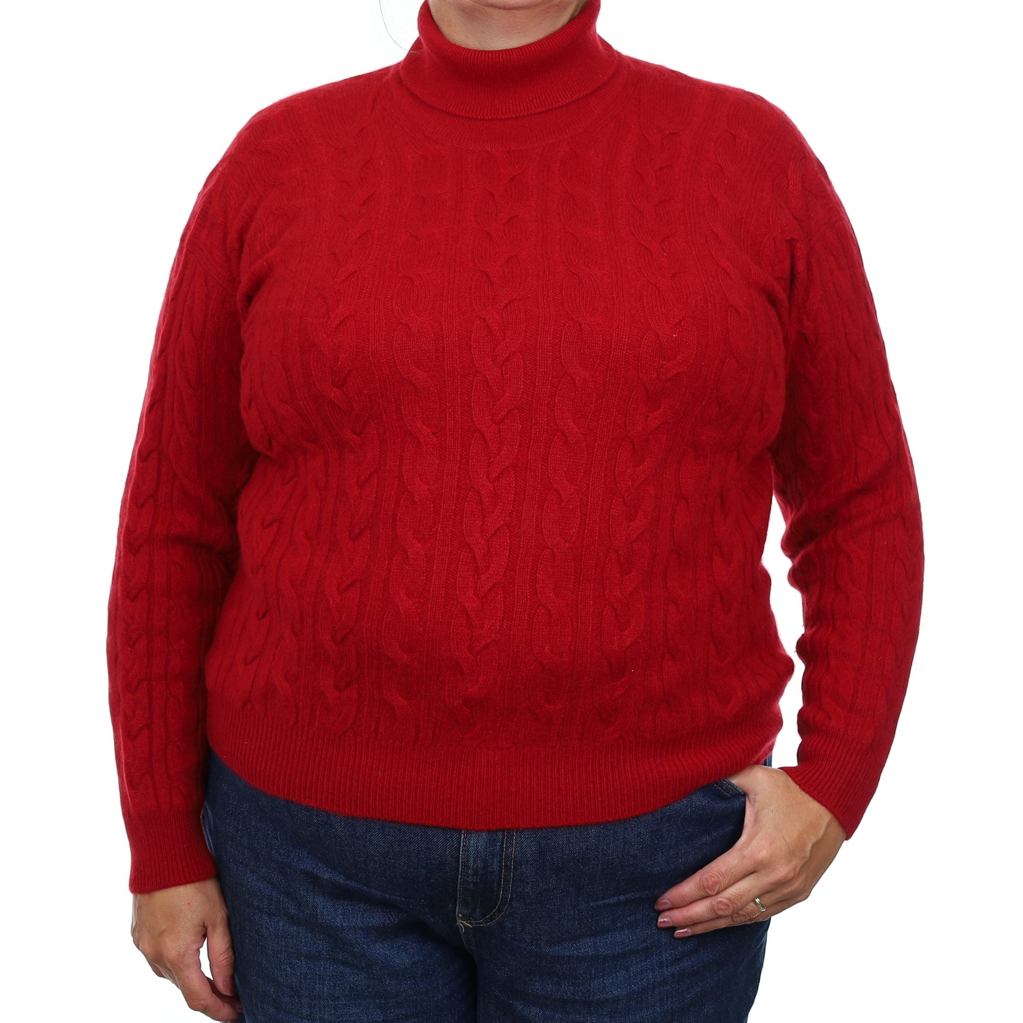 Brand New Scottish Crimson Red Cable Cashmere Polo Neck Jumper Extra Large