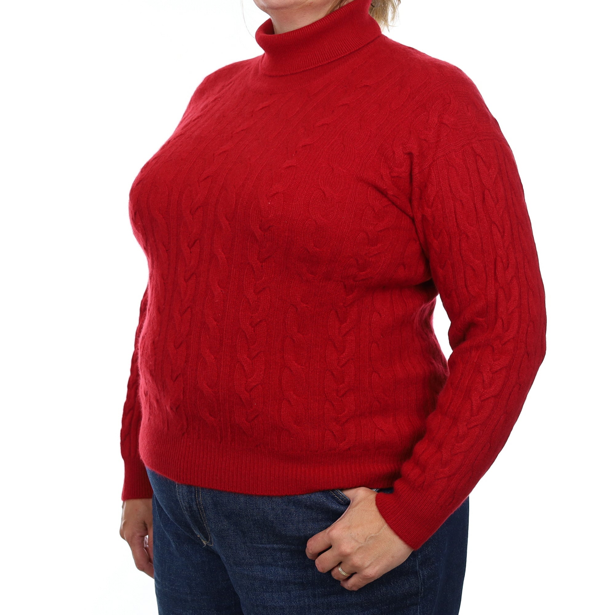 Brand New Scottish Crimson Red Cable Cashmere Polo Neck Jumper Extra Large