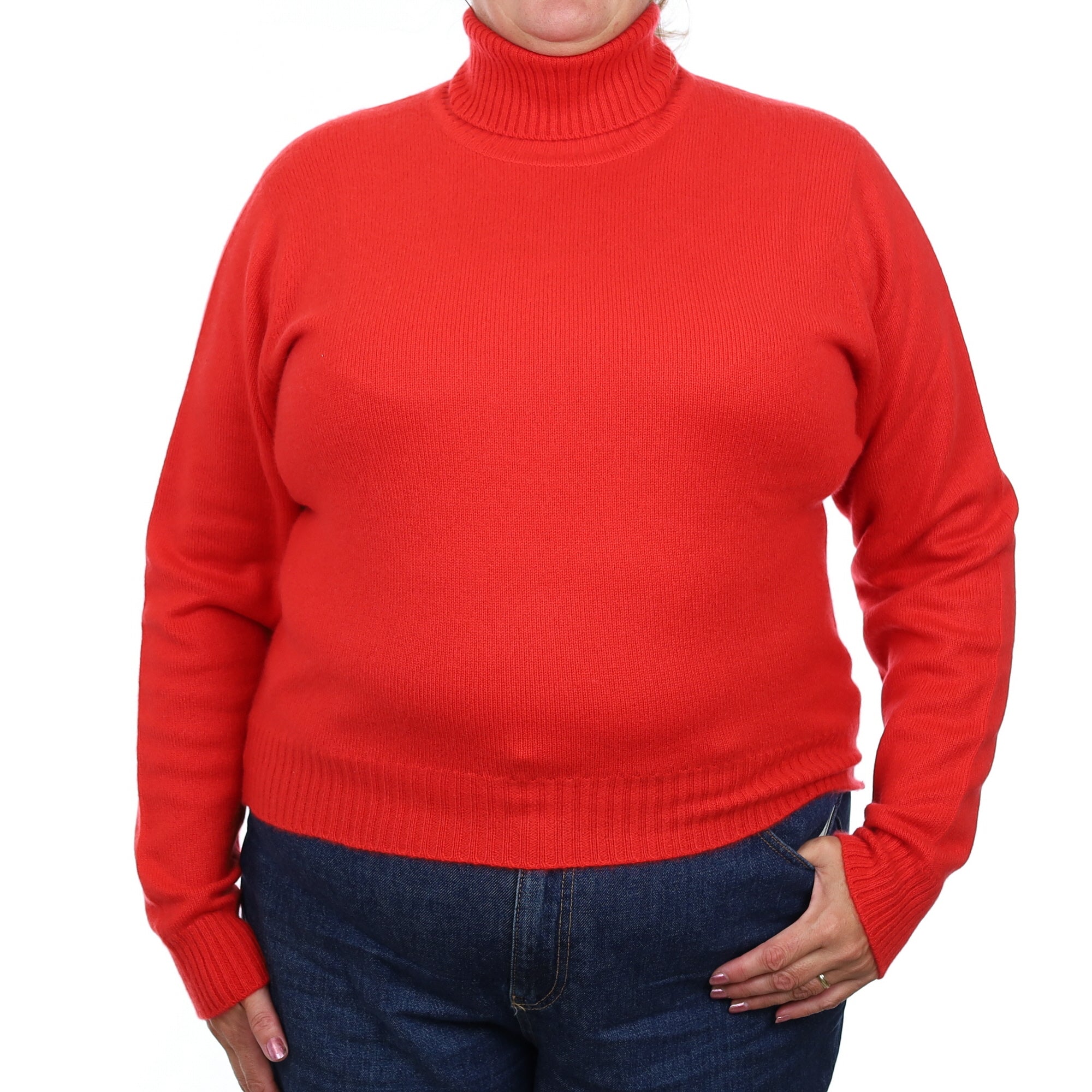 Brand New Scottish Vermillion Red Heavy Knit Cashmere Polo Neck Jumper Extra Large