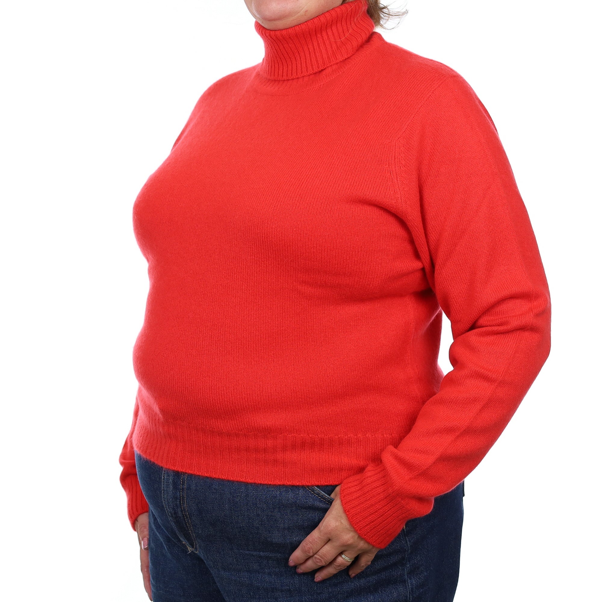 Brand New Scottish Vermillion Red Heavy Knit Cashmere Polo Neck Jumper Extra Large
