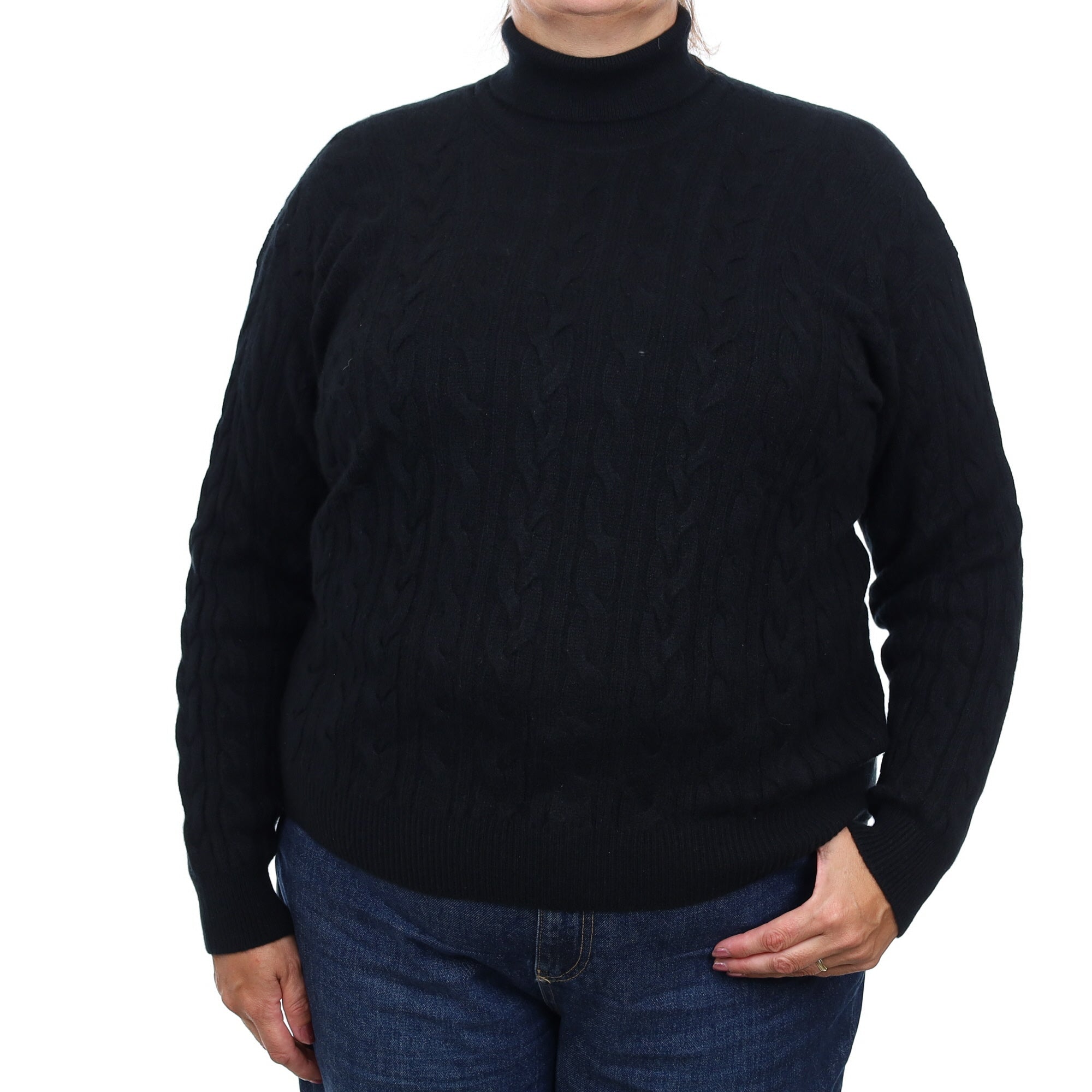 Brand New Scottish Black Cable Cashmere Polo Neck Jumper Extra Large