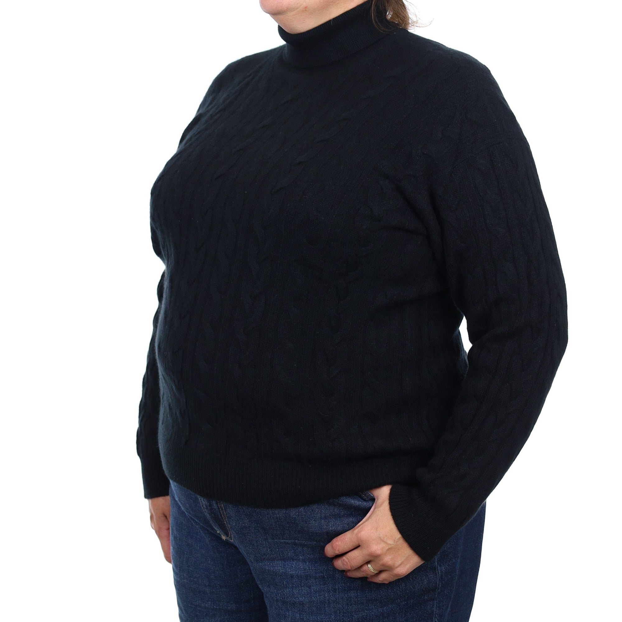 Brand New Scottish Black Cable Cashmere Polo Neck Jumper Extra Large