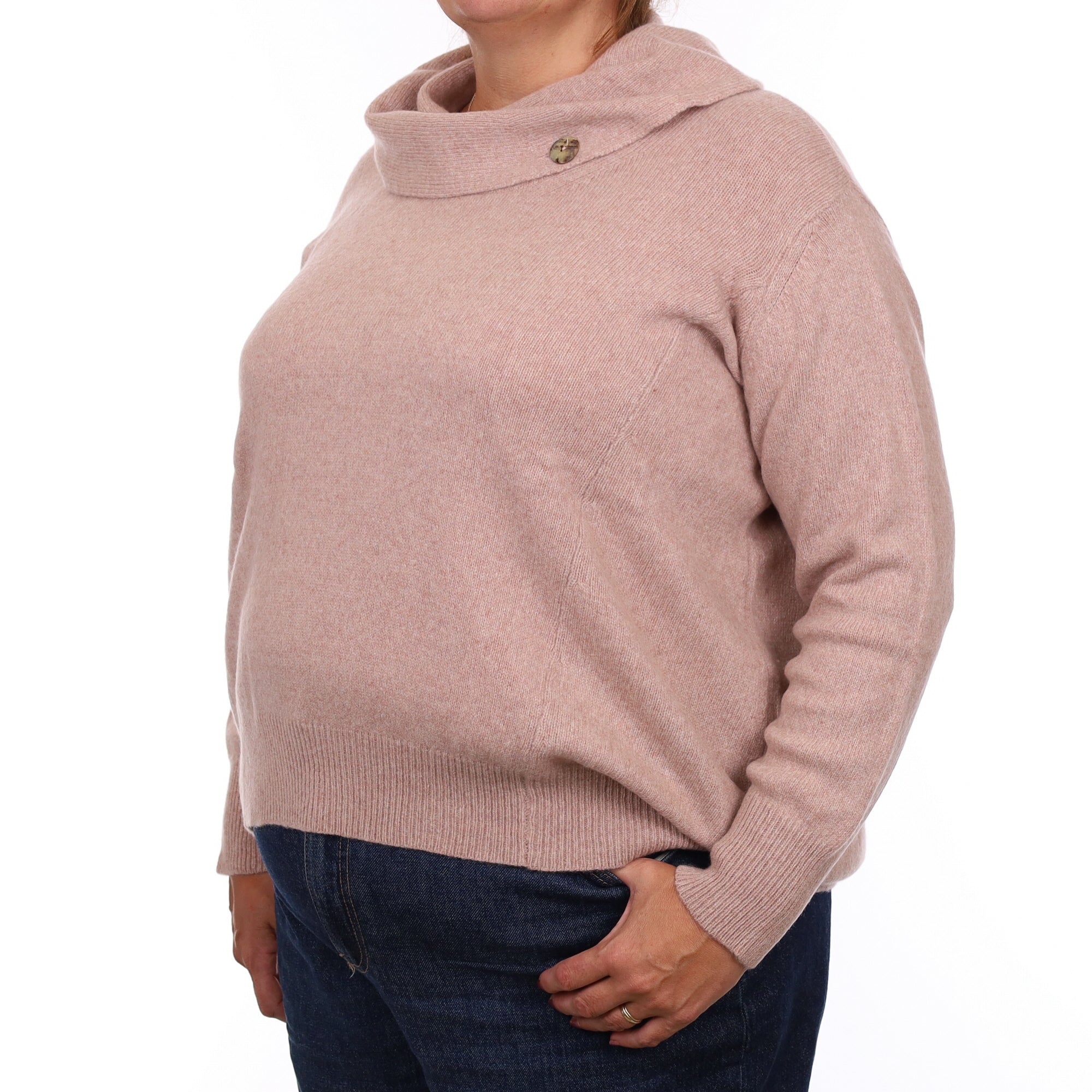 Nude Heavy Knit Cashmere Buttoned Cowl Neck Jumper Extra Large