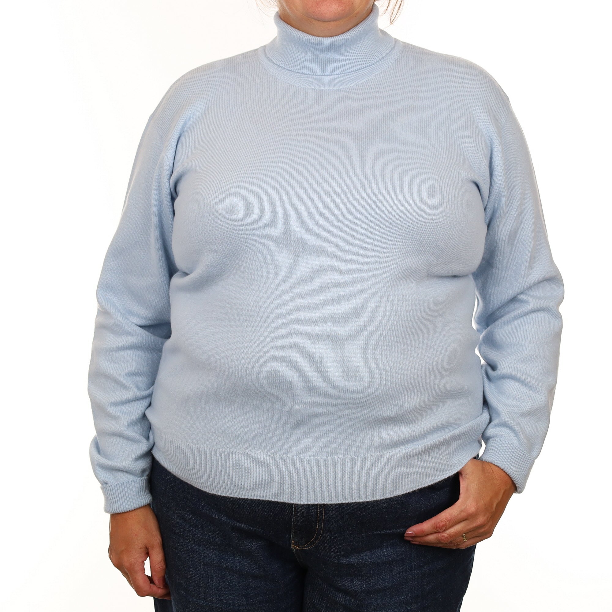 Brand New Scottish Ice Blue Heavy Knit Cashmere Polo Neck Jumper Extra Large