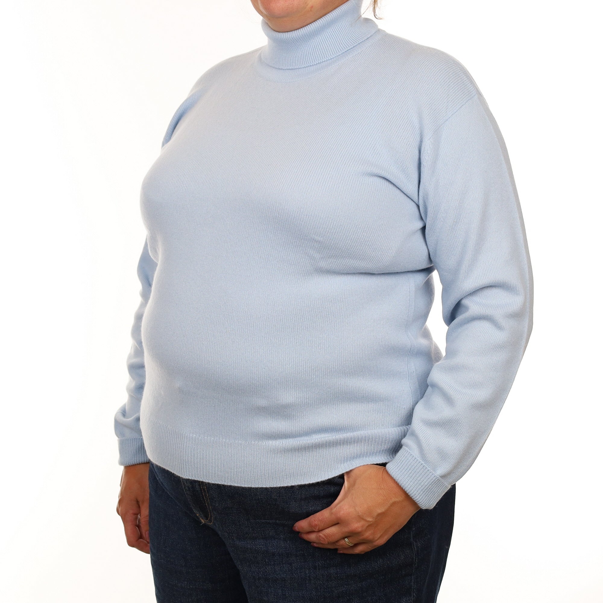 Brand New Scottish Ice Blue Heavy Knit Cashmere Polo Neck Jumper Extra Large