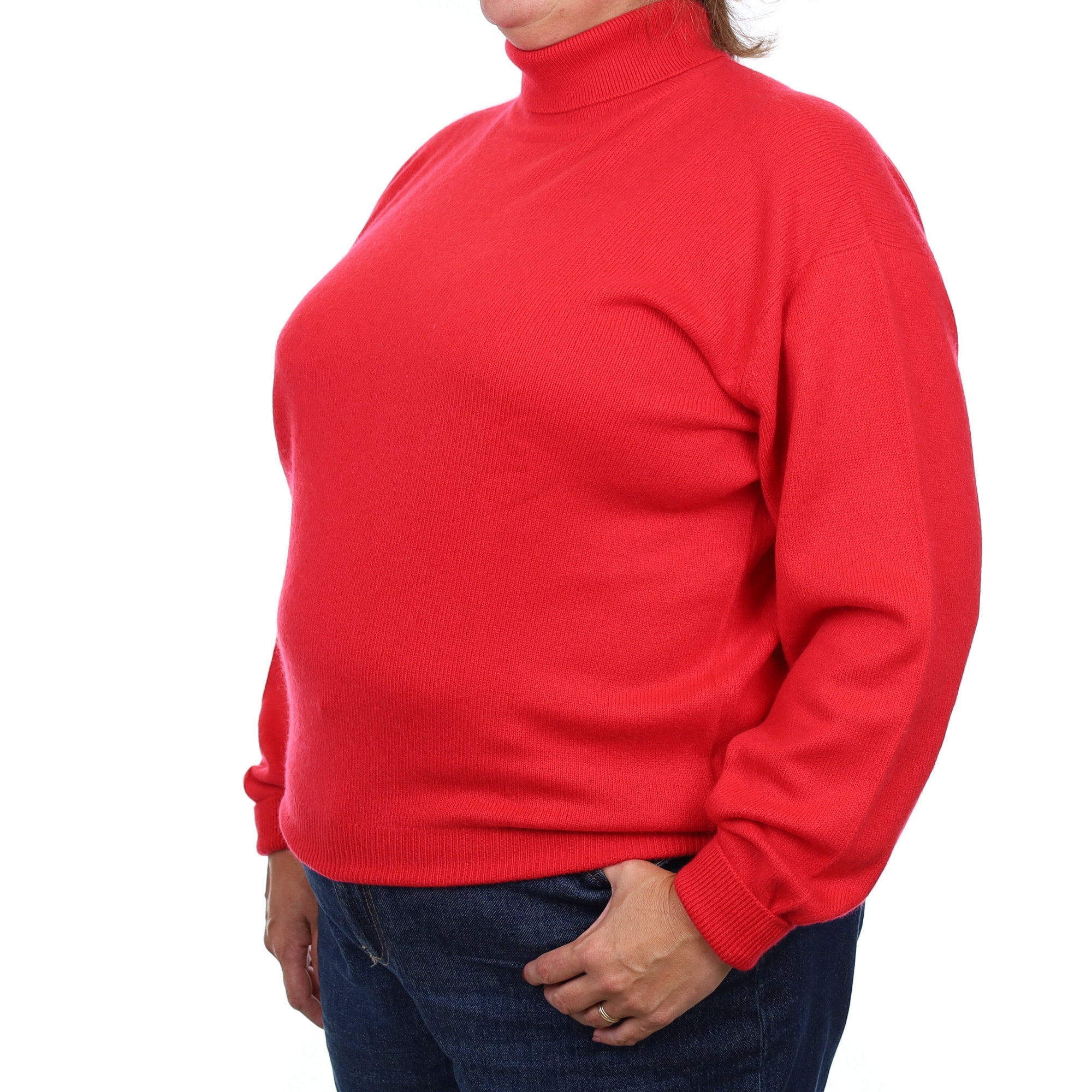 Brand New Scottish Vermillion Red Heavy Knit Cashmere Polo Neck Jumper XXL