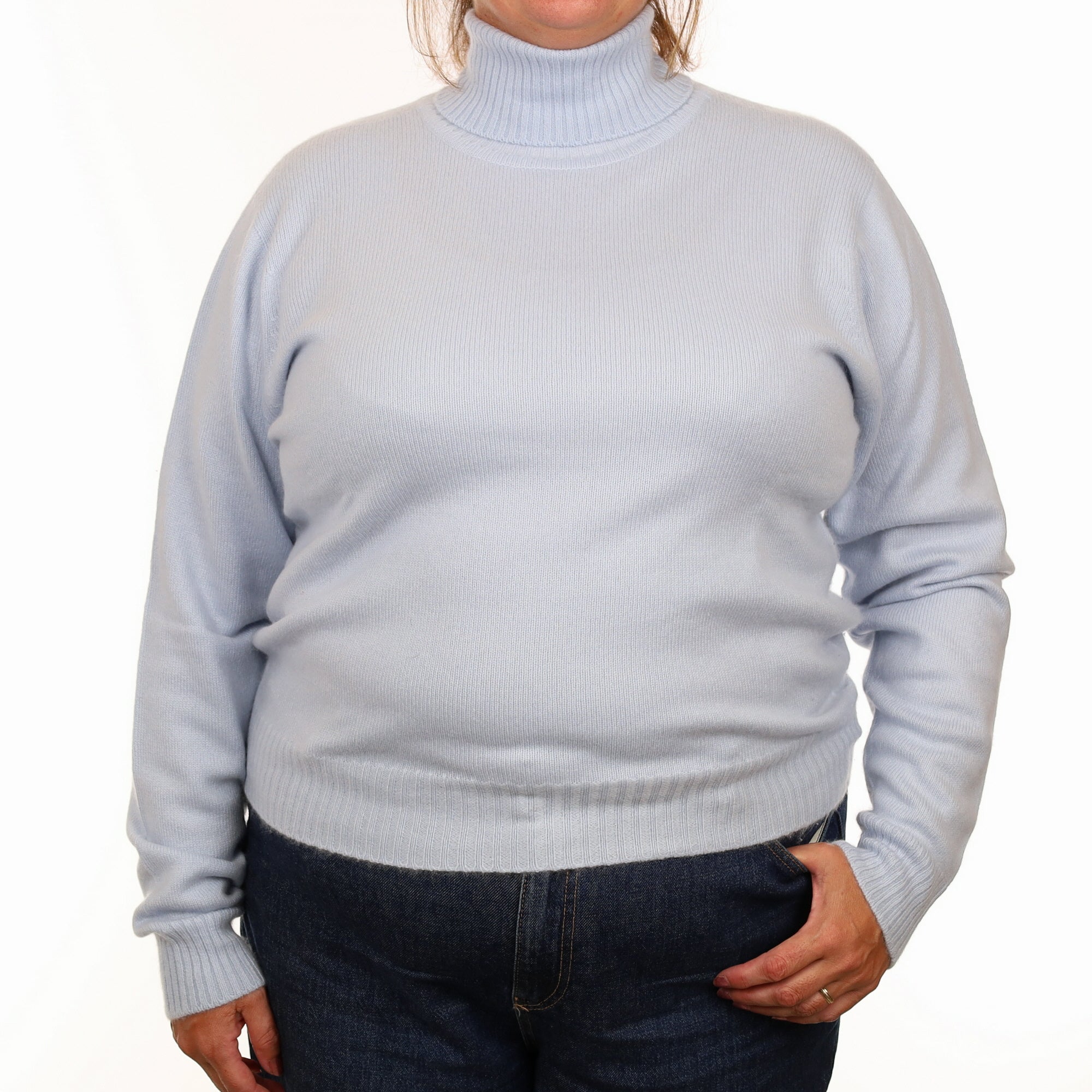 Brand New Scottish Ice Blue Heavy Knit Cashmere Polo Neck Jumper Extra Large