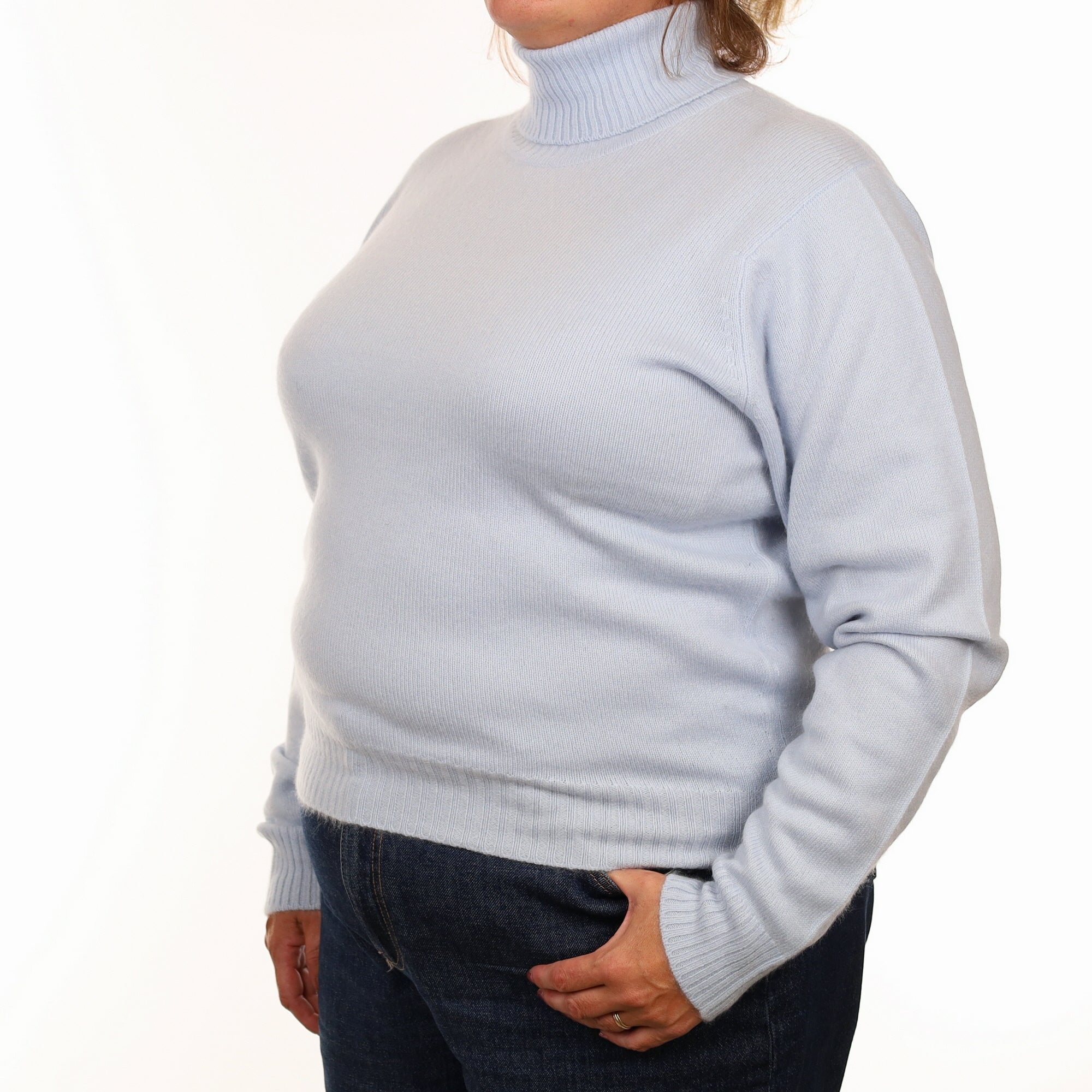 Brand New Scottish Ice Blue Heavy Knit Cashmere Polo Neck Jumper Extra Large