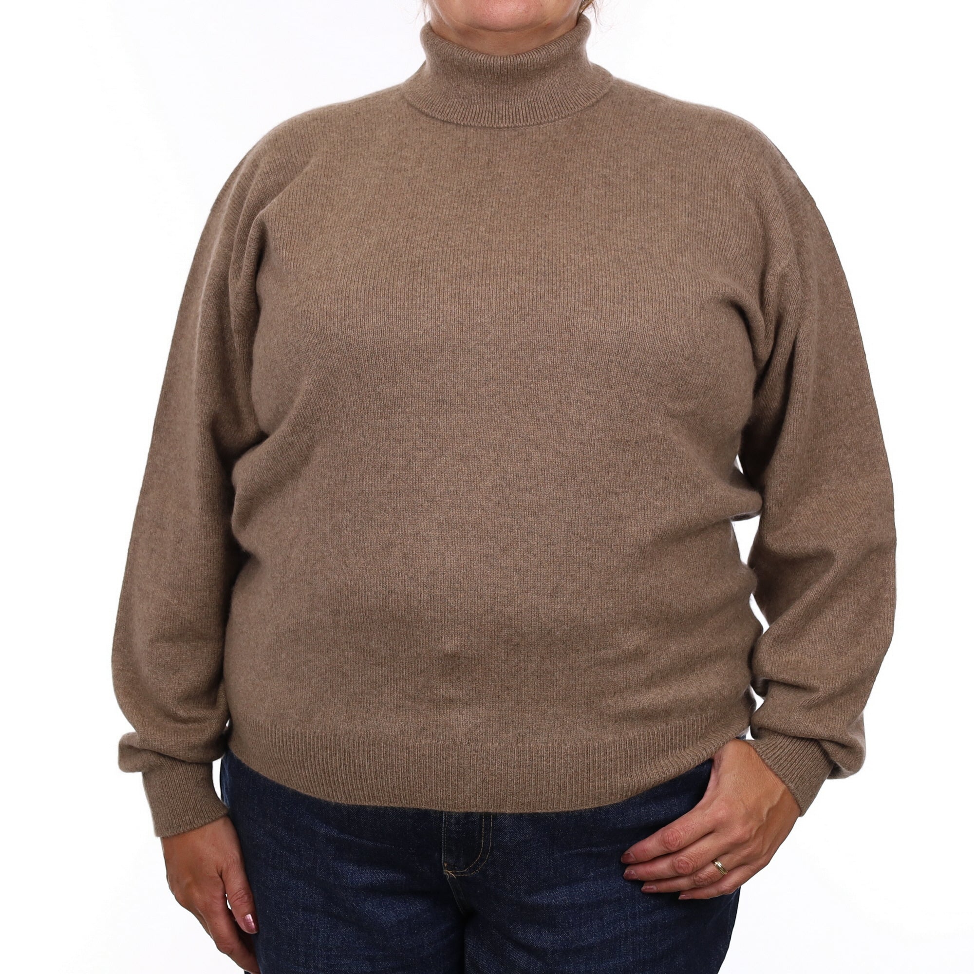 Brand New Scottish Taupe Heavy Knit Cashmere Polo Neck Jumper XXL