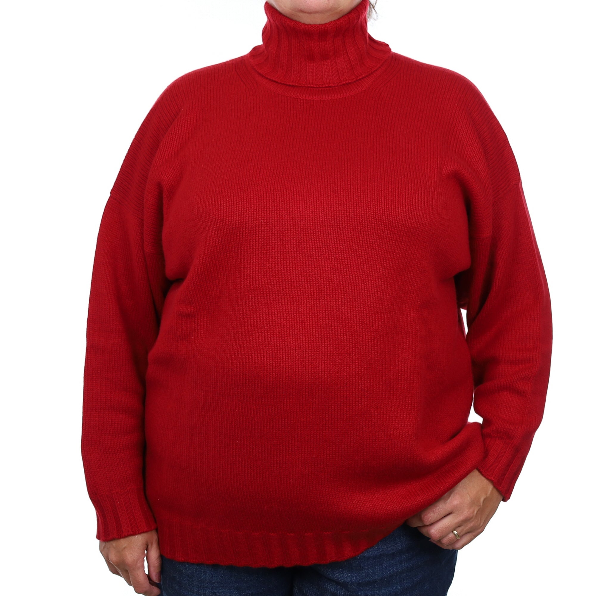 Brand New Scottish Crimson Red Chunky Cashmere Polo Neck Jumper XXL