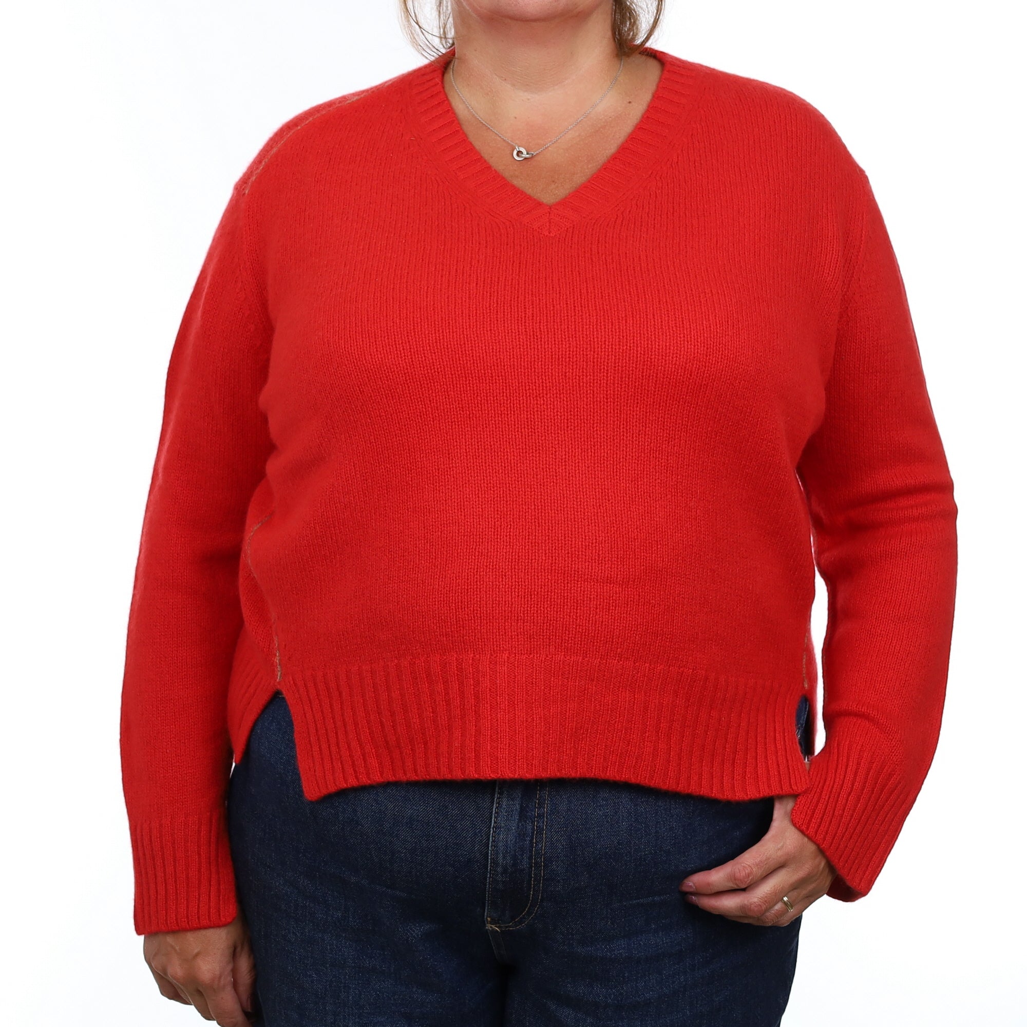 Joseph Vermillion Red Heavy Knit Cashmere Boxy V Neck Jumper Extra Large